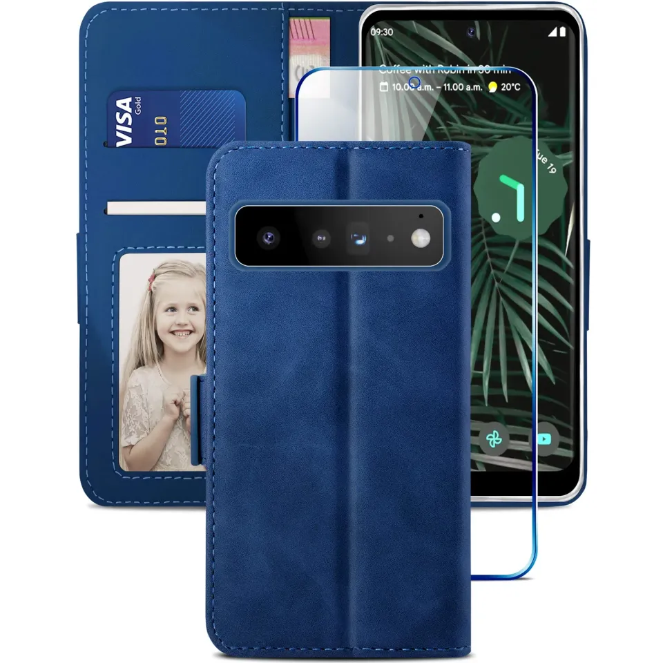 YATWIN Pixel 6 Pro Klapphülle Leder Blau mit Panzerglas