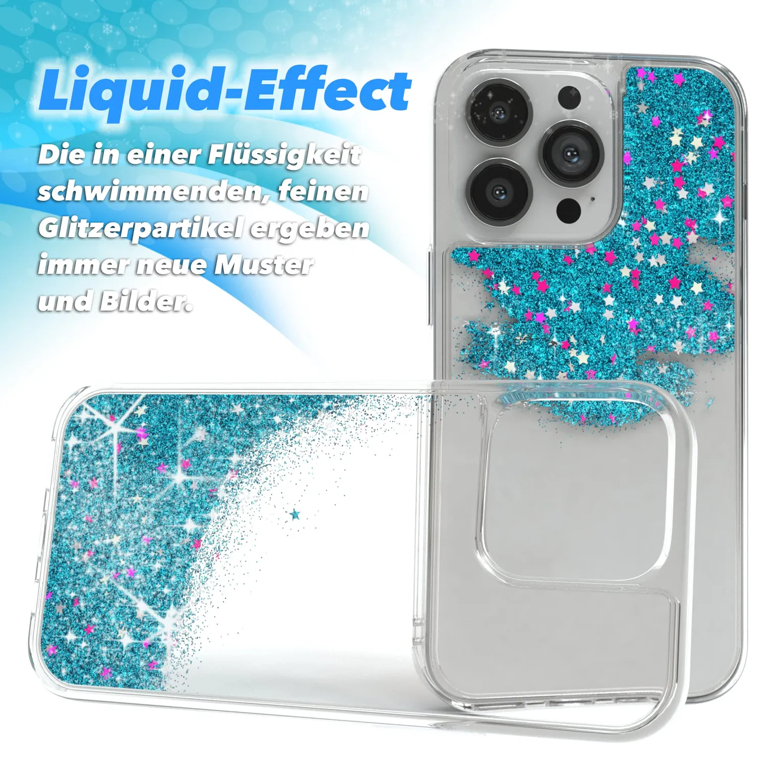 EAZY CASE Liquid Glitzer iPhone 13 Pro Handyhülle Blau Transparent