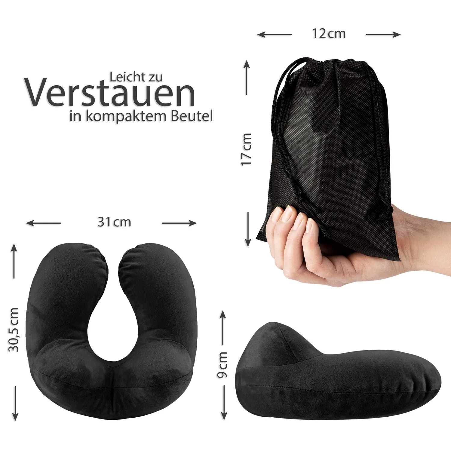 EAZY CASE Nackenkissen aufblasbar Schwarz mit Maske