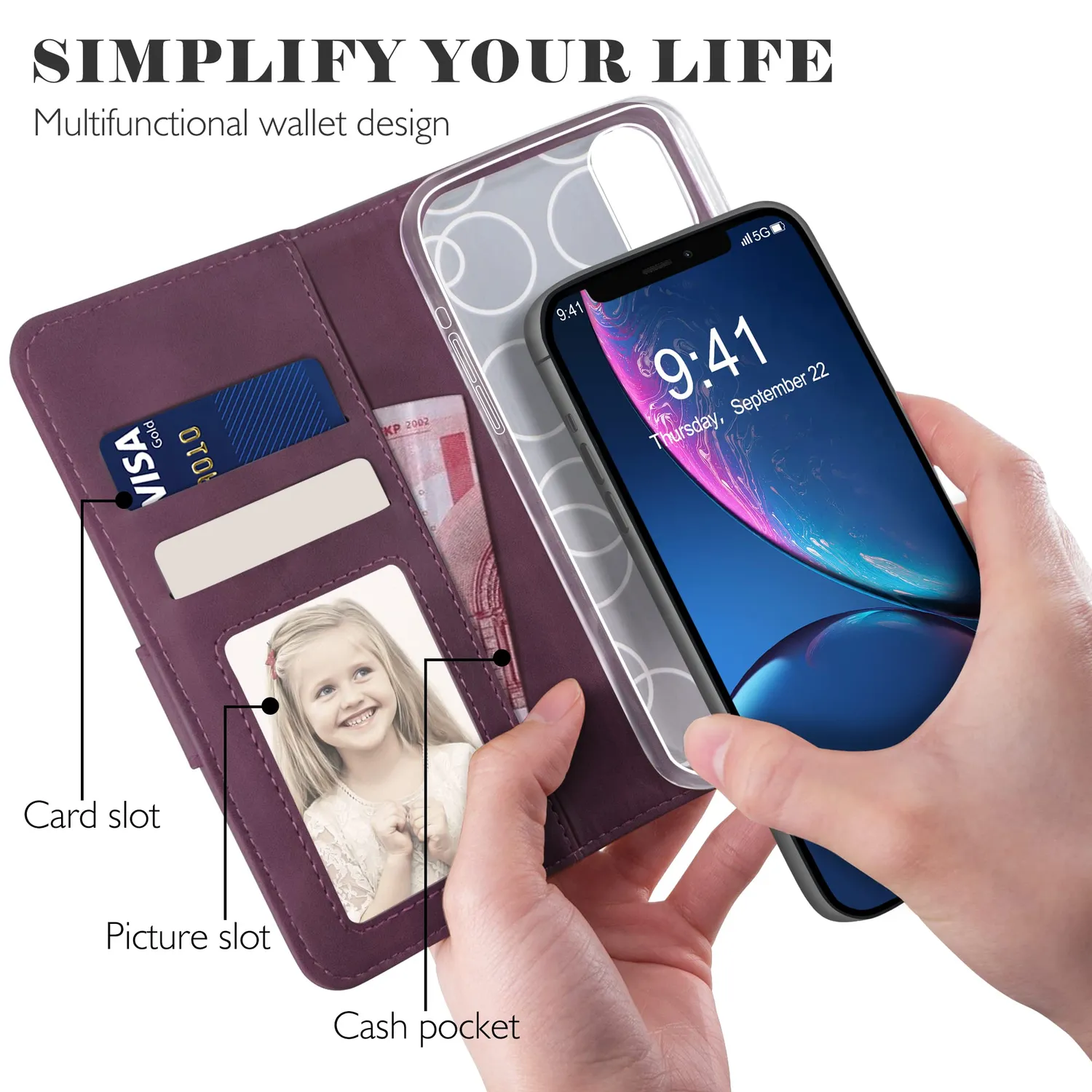 YATWIN iPhone XR Klapphülle Leder Weinrot mit Glas