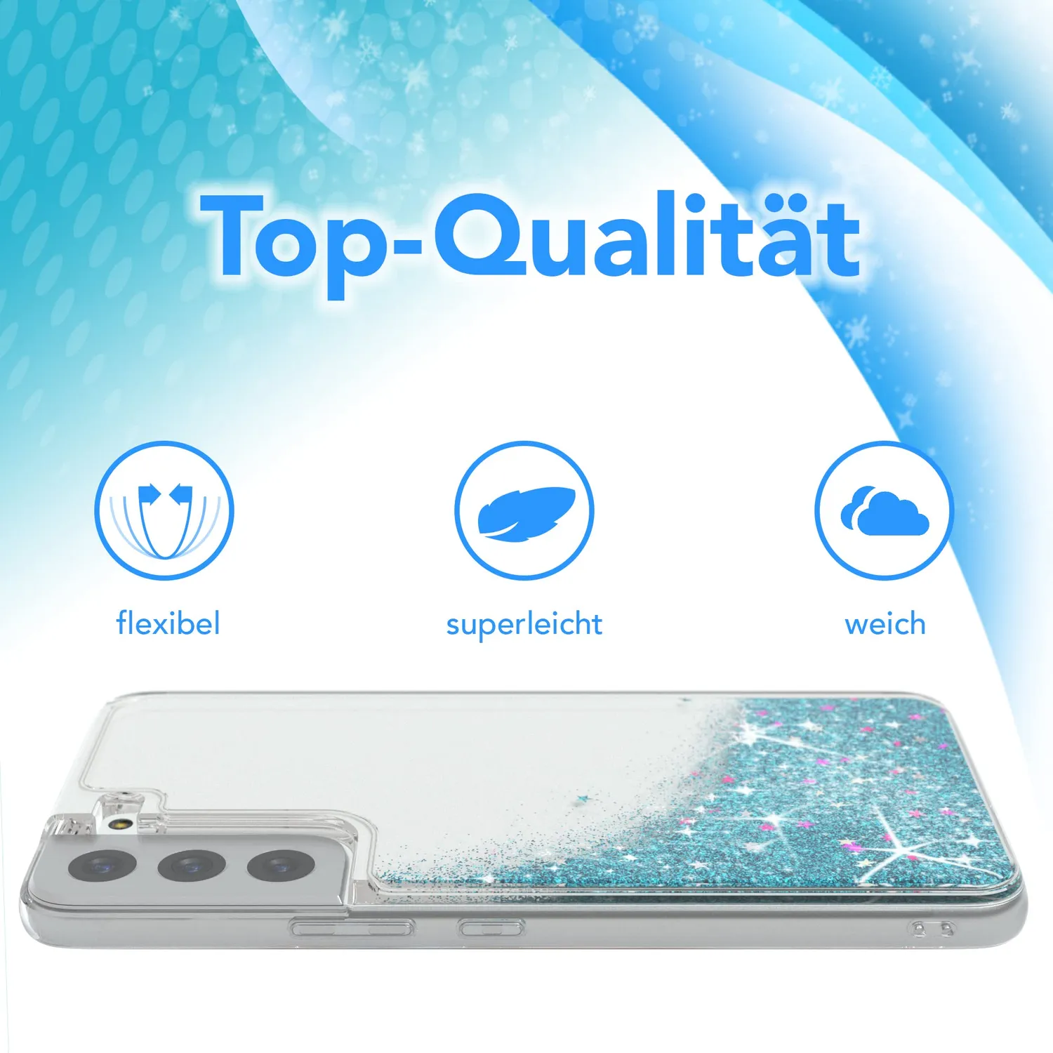 EAZY CASE Galaxy S22 Plus Glitzerhülle Blau Transparent
