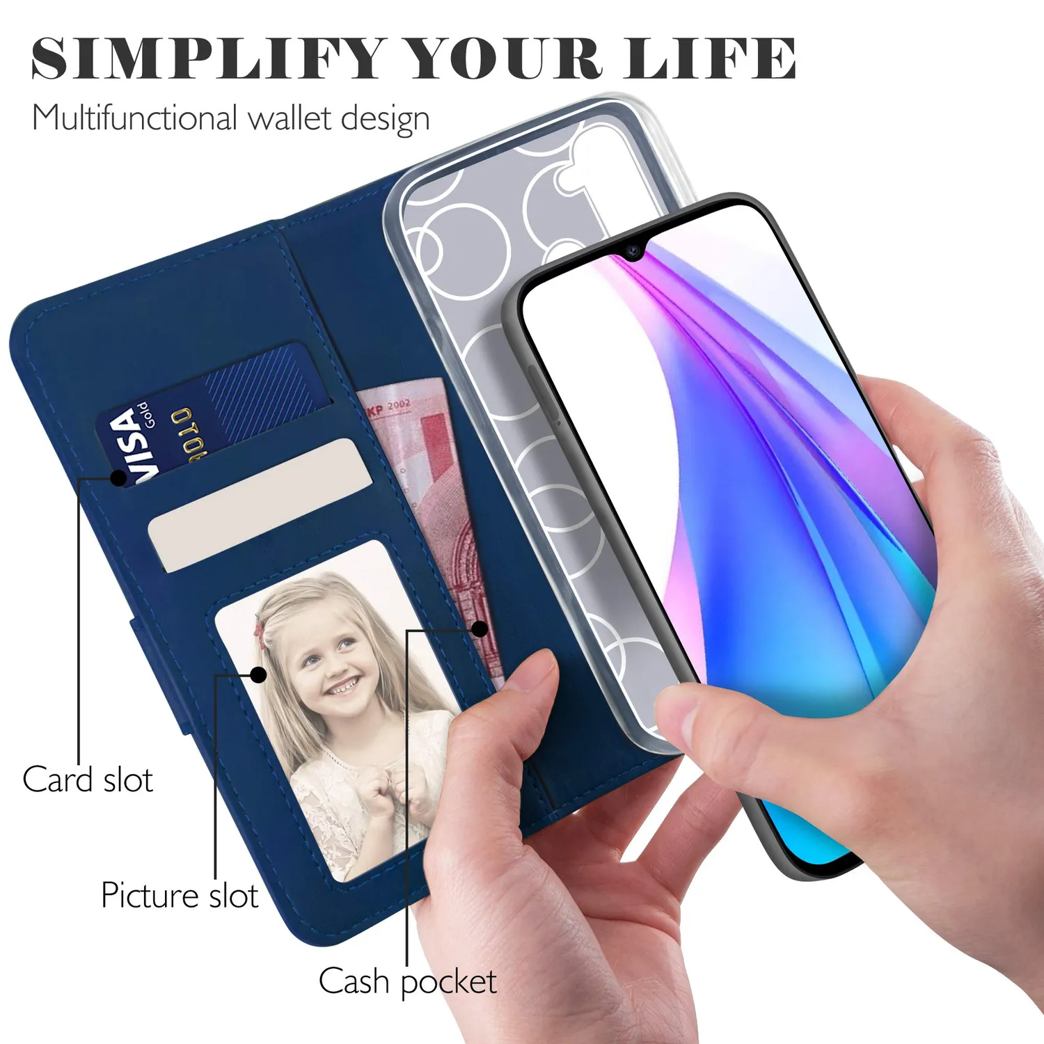 YATWIN Xiaomi Redmi Note 8T Klapphülle Blau Leder RFID