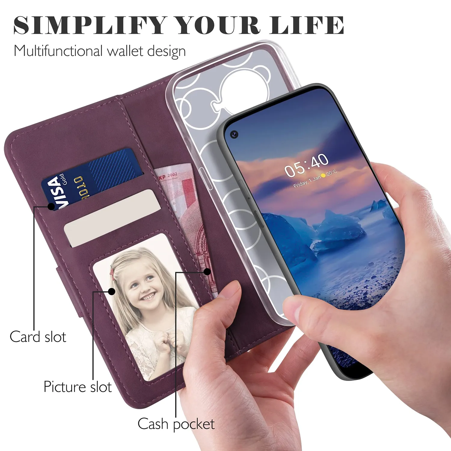 YATWIN Nokia 5.4 Klapphülle Weinrot Leder mit Stand