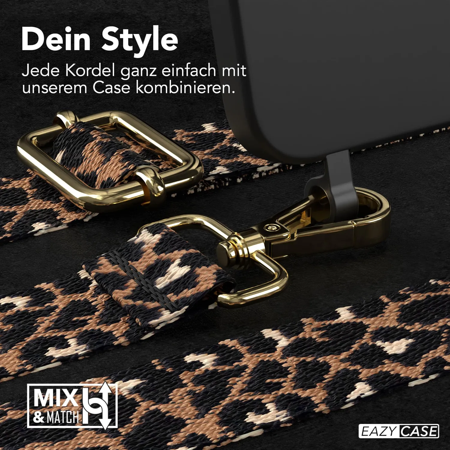 EAZY CASE iPhone 15 Plus Hülle mit Kette Leo Schwarz Braun