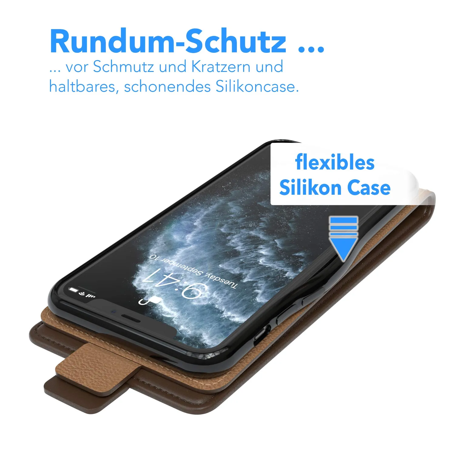 EAZY CASE iPhone 11 Pro Klapphülle Braun Kunstleder Flip