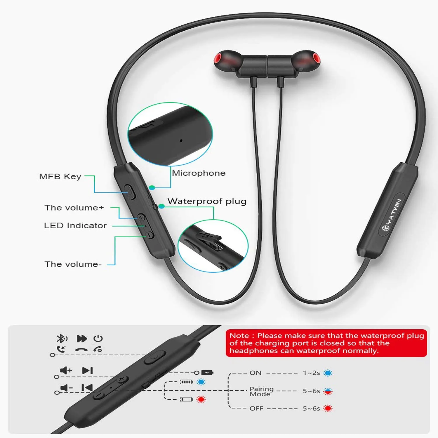 YATWIN Sport Bluetooth Kopfhörer In-Ear Schwarz IPX7
