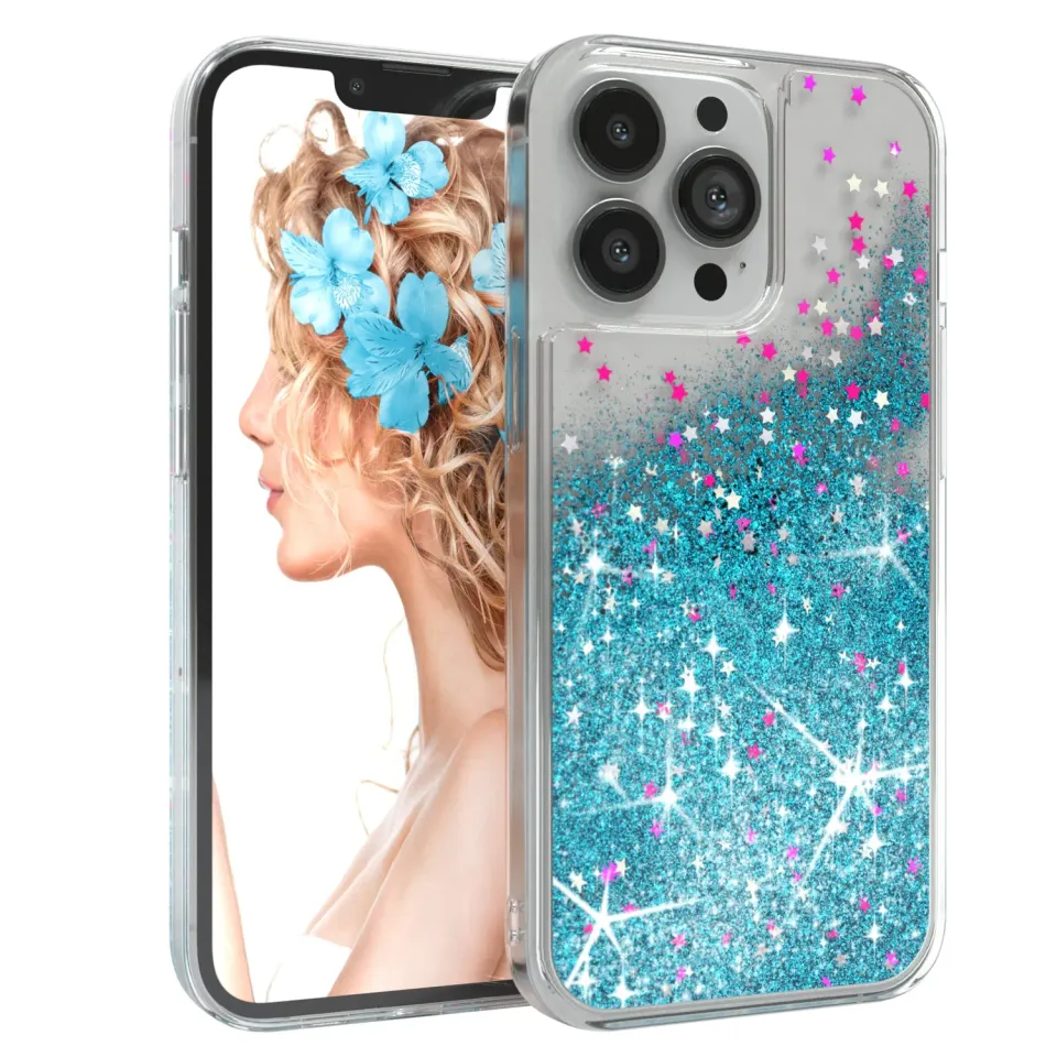 EAZY CASE Liquid Glitzer iPhone 13 Pro Handyhülle Blau Transparent