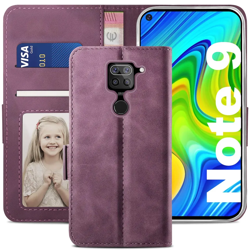YATWIN Xiaomi Redmi Note 9 Klapphülle Leder Weinrot RFID