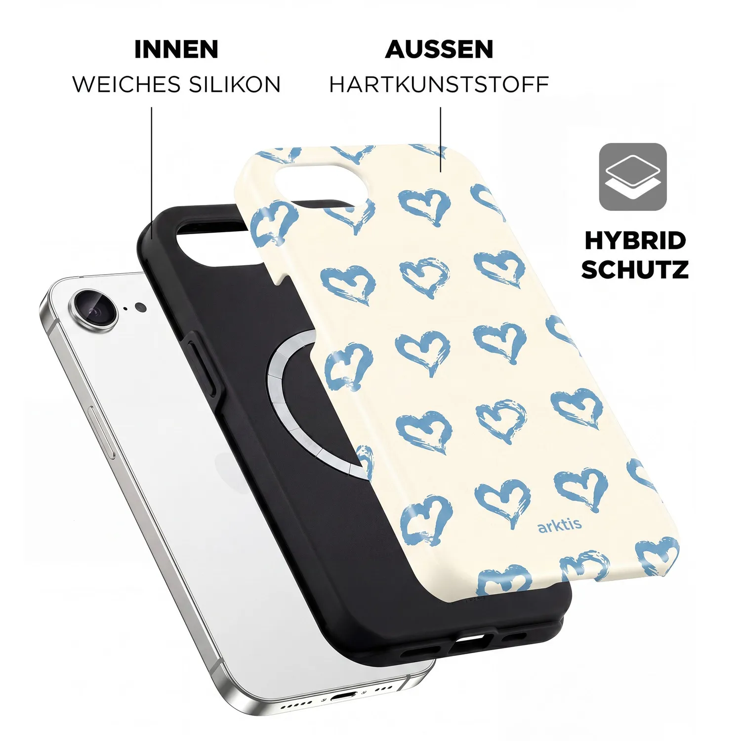 arktis Blue Hearts iPhone 16e Hülle MagSafe