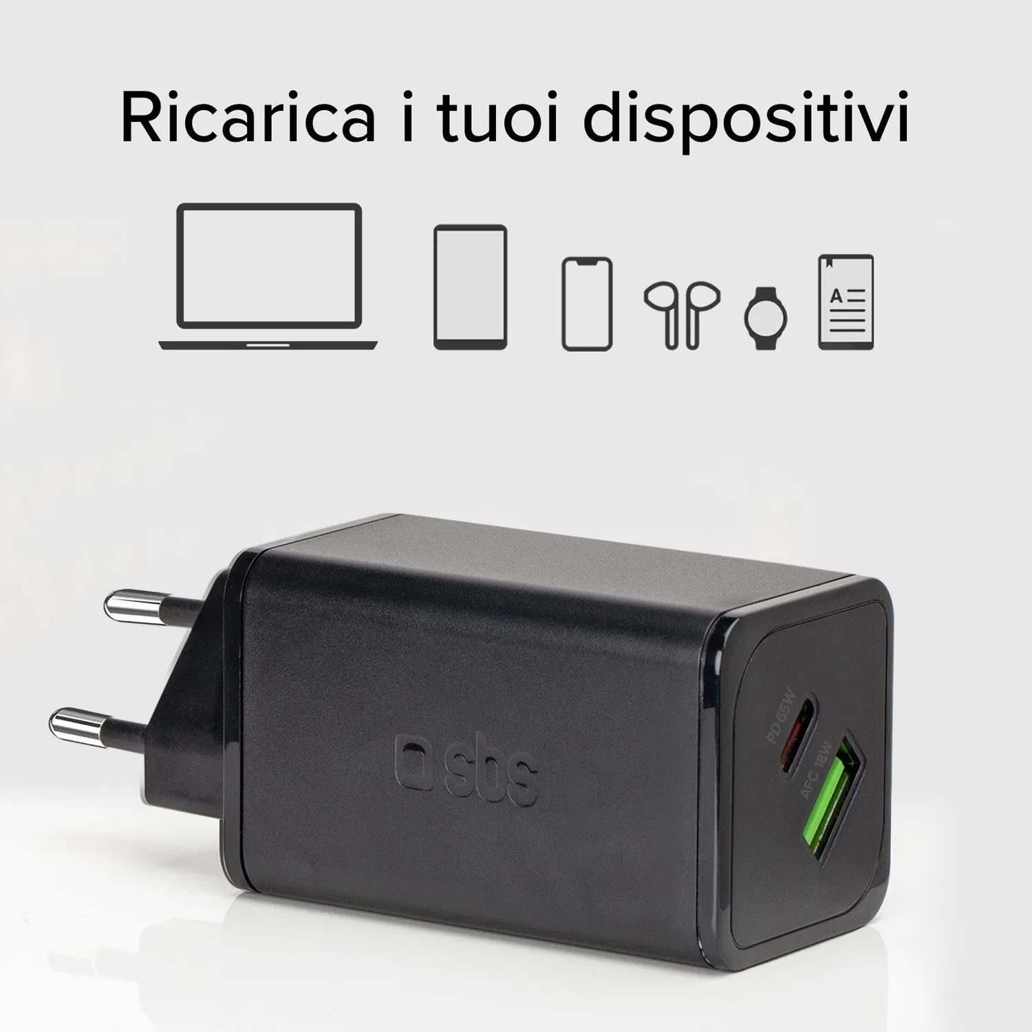 SBS GaN Ladegerät 65W USB-C PD + USB-A für Laptop kompakt