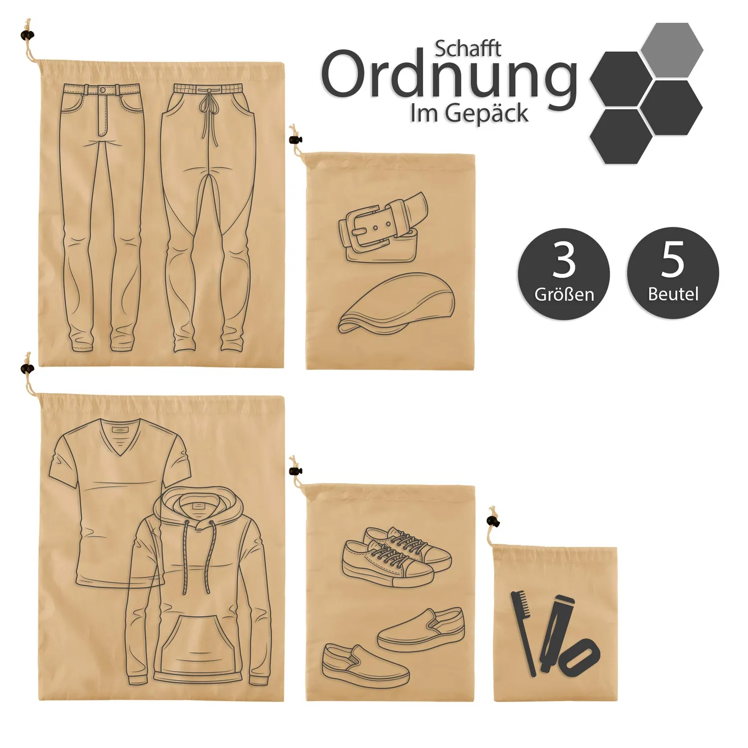 EAZY CASE Packbeutel Set 5-teilig Koffer Organizer Braun mit Kordelzug