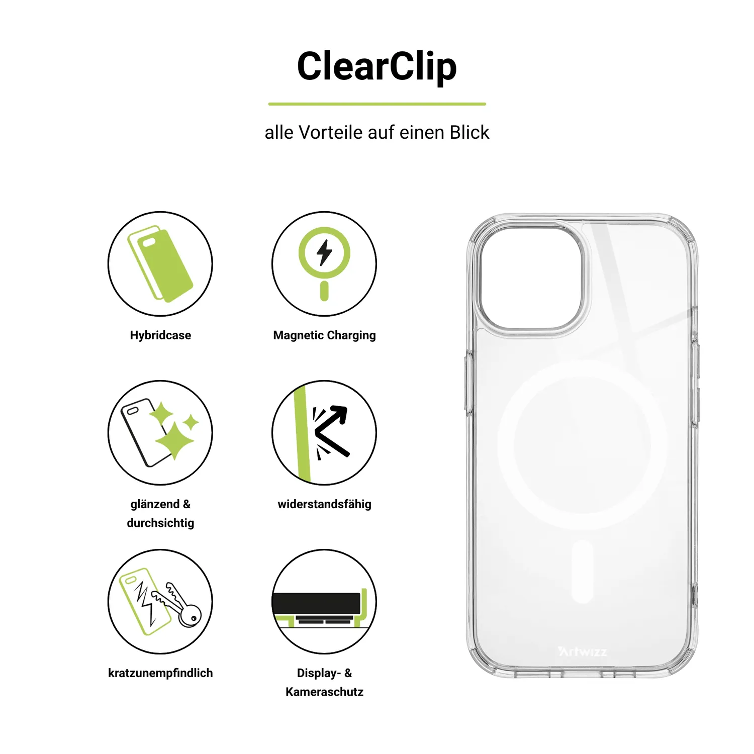 Artwizz ClearClip+Charge iPhone 16 Hülle transparent MagSafe