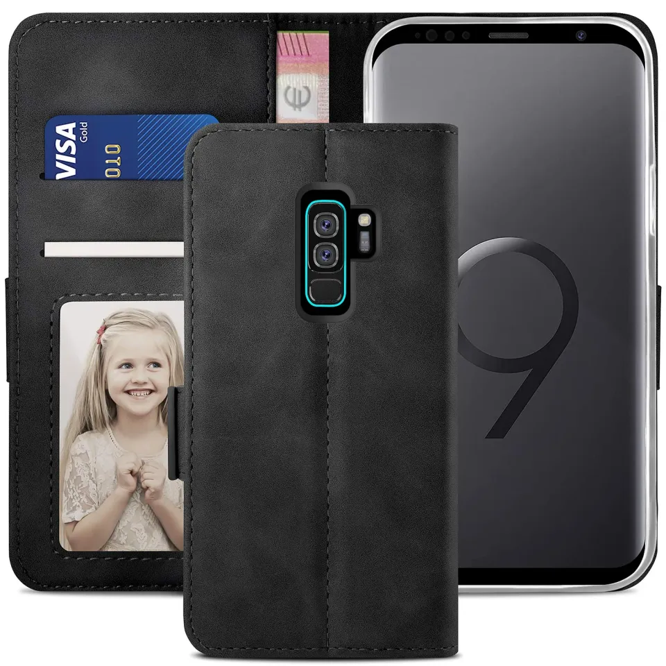 YATWIN Galaxy S9 Plus Handyhülle Schwarz Leder mit Kartenfach