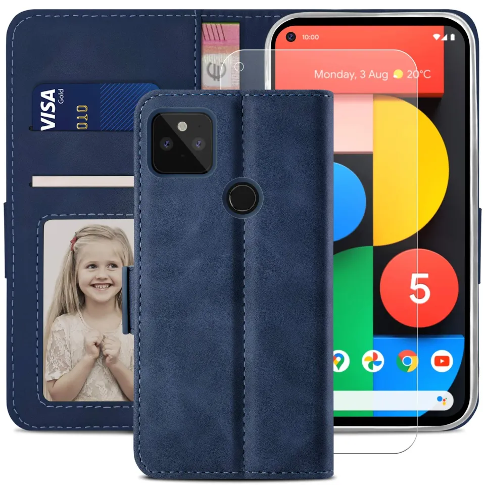 YATWIN Pixel 5 Handytasche Blau Leder mit Panzerglas