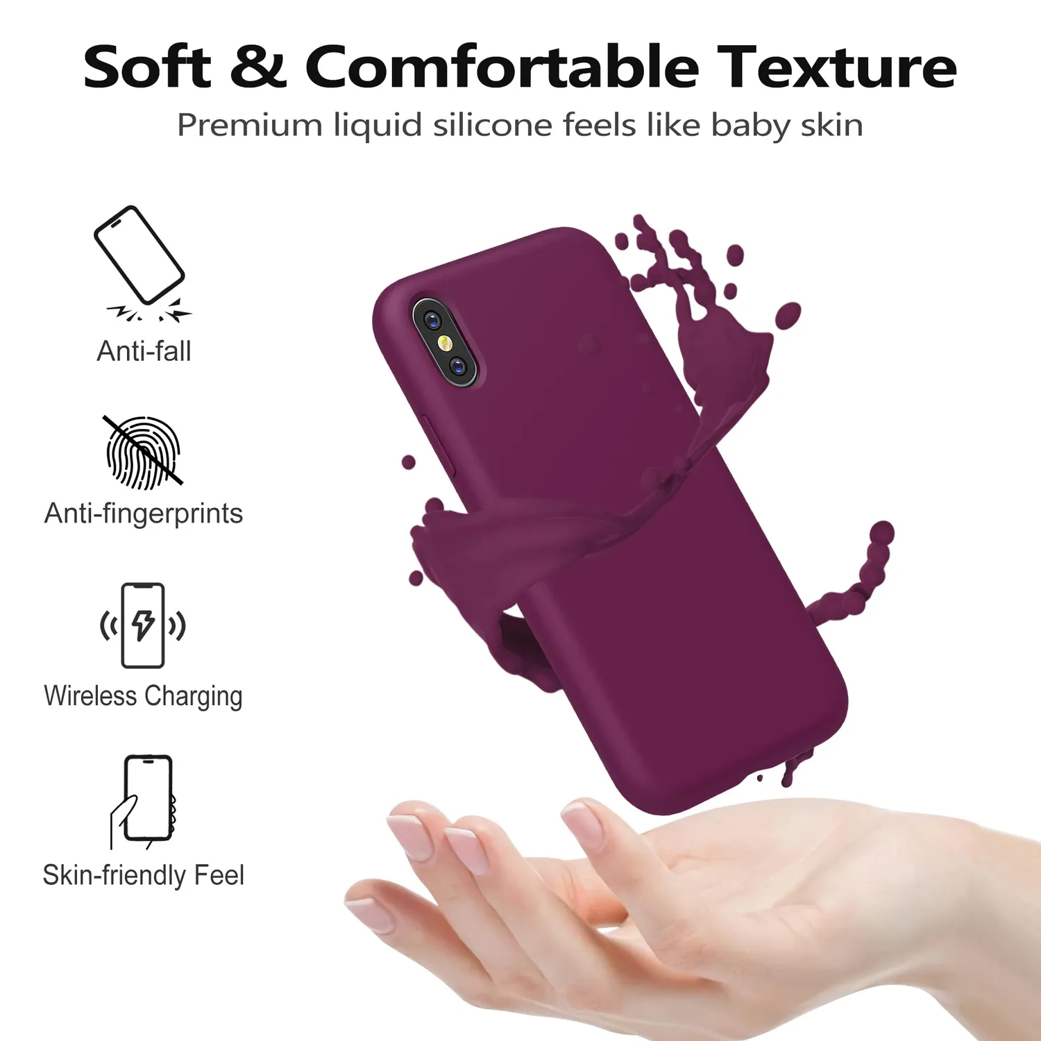 YATWIN iPhone X/XS Hülle Silikon weinrot + Folie