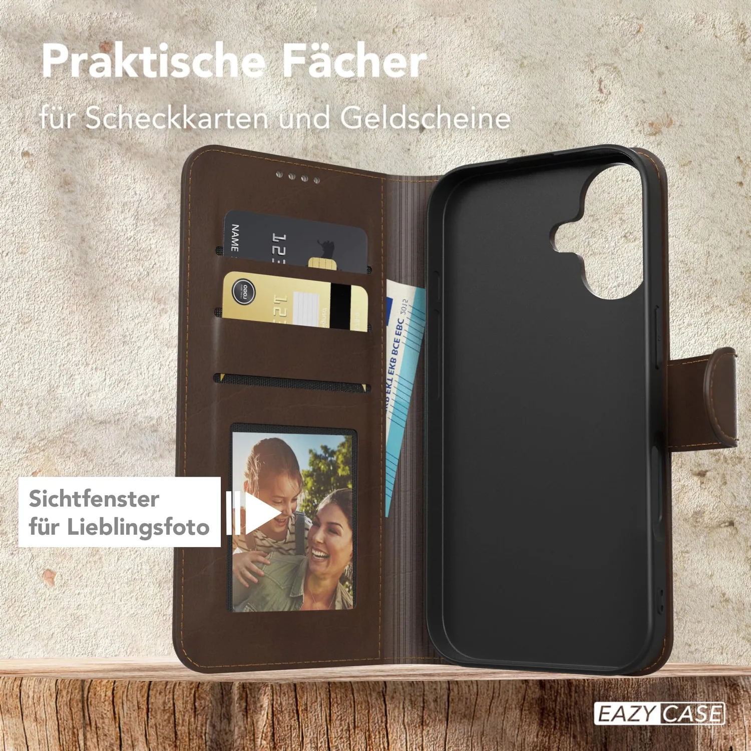 EAZY CASE iPhone 16 Klapphülle Braun Leder mit Kartenfach