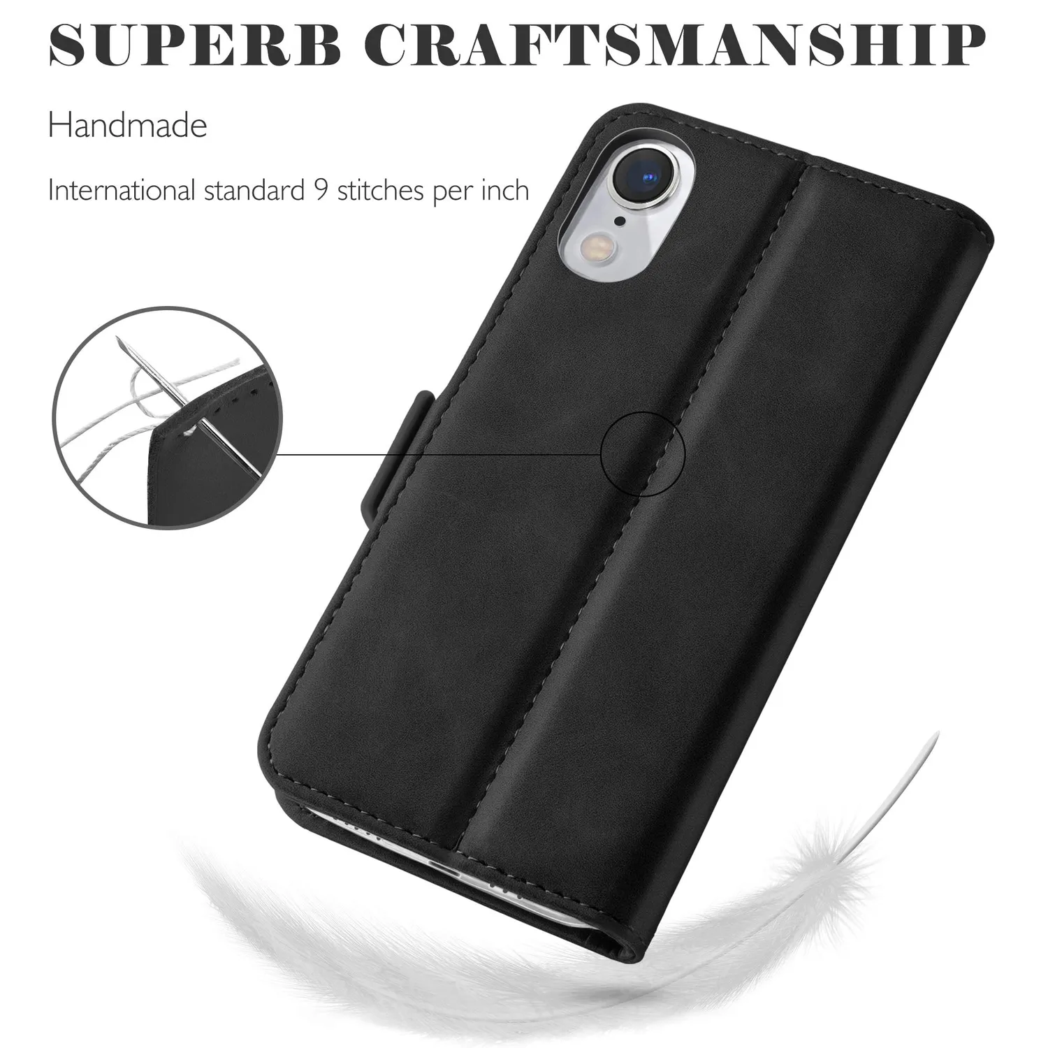 YATWIN iPhone XR Klapphülle Leder Schwarz mit Glas