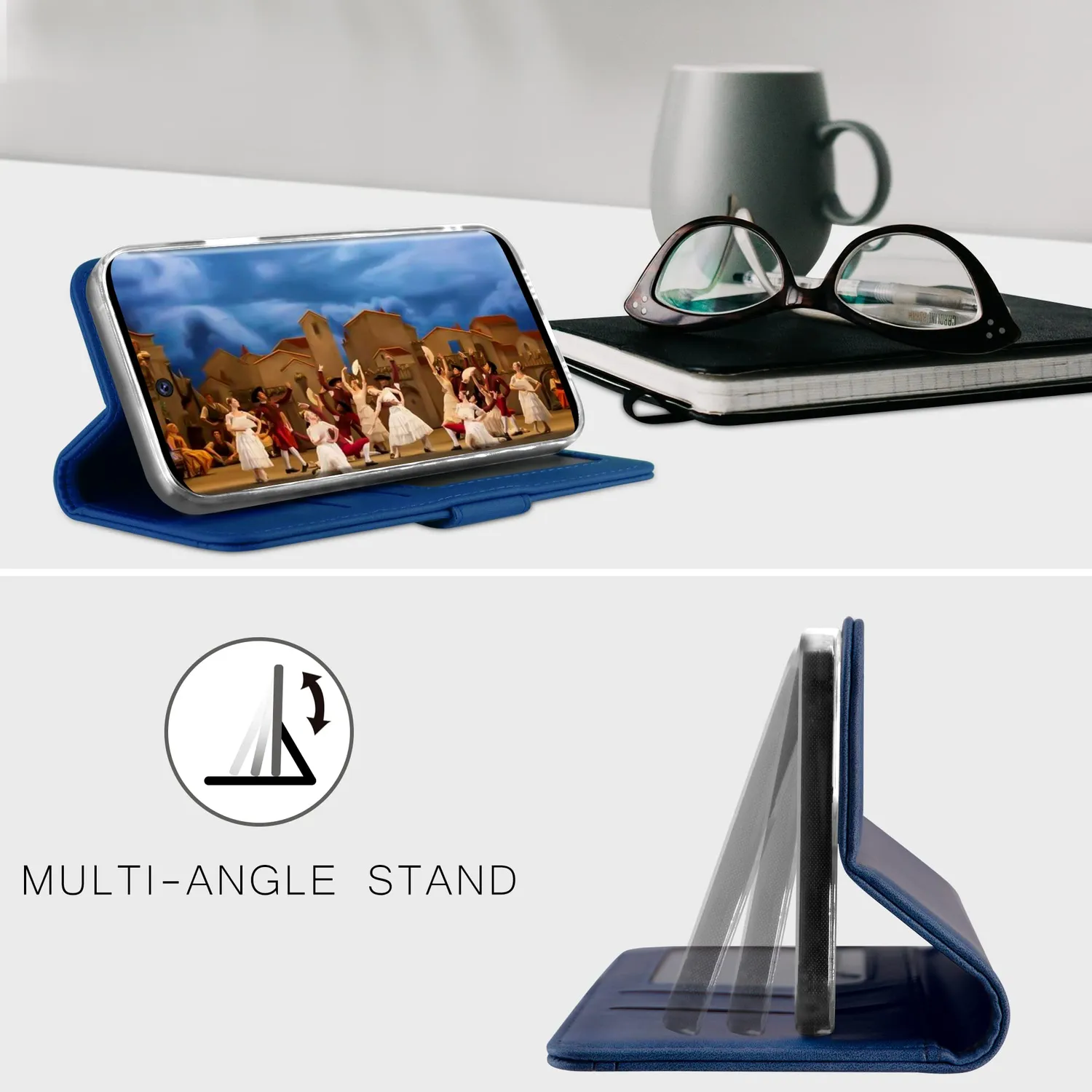 YATWIN Pixel 6 Pro Klapphülle Leder Blau mit Panzerglas
