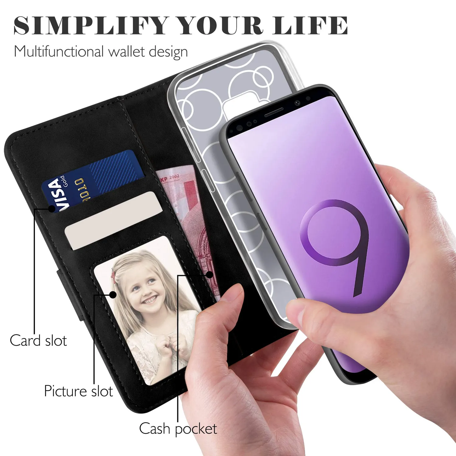 YATWIN Galaxy S9 Plus Handyhülle Schwarz Leder mit Kartenfach