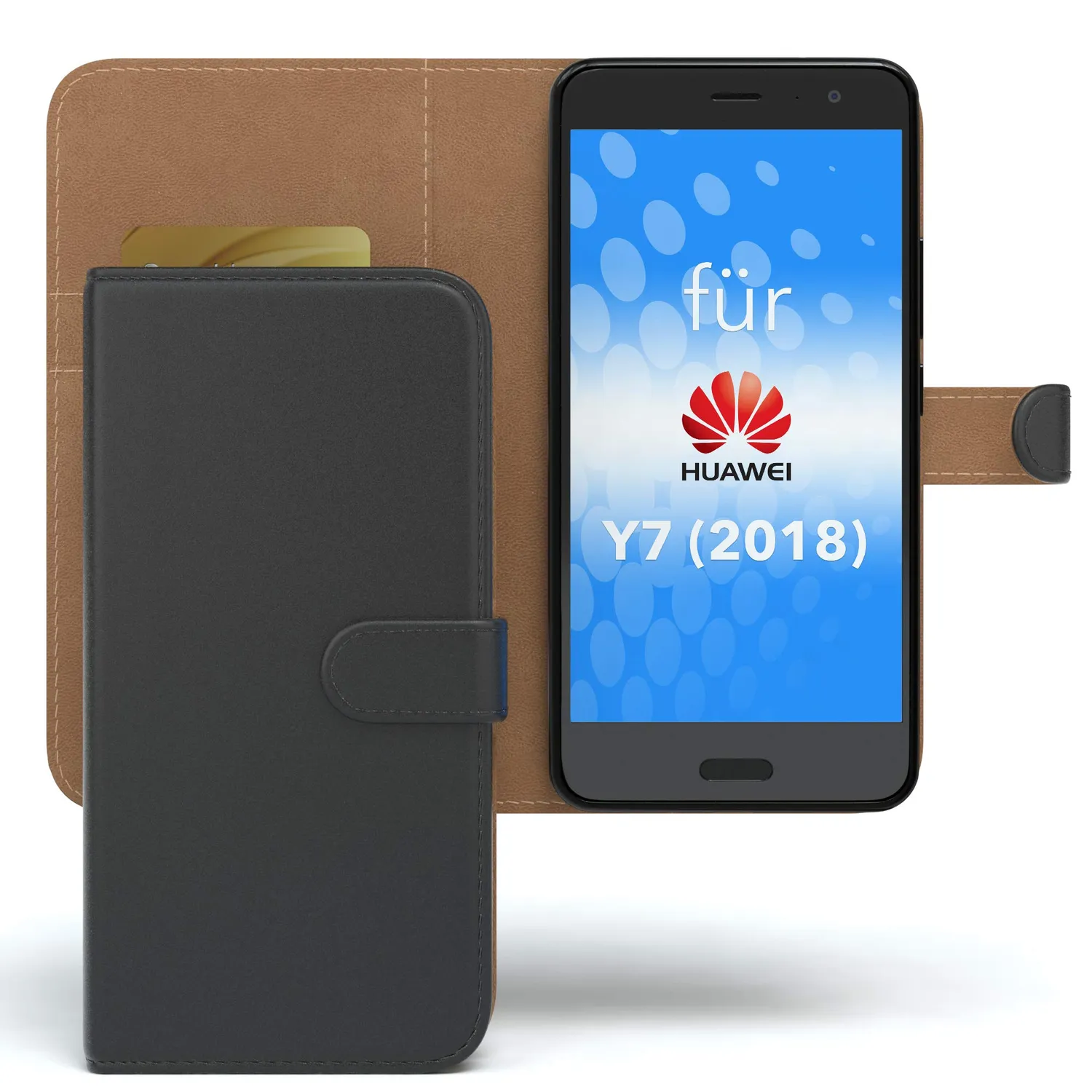 EAZY CASE Huawei Y7 Klapphülle Book Schwarz Kartenfach Leder