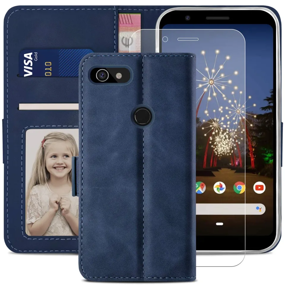 YATWIN Google Pixel 3A Klapphülle Blau Leder mit Glas