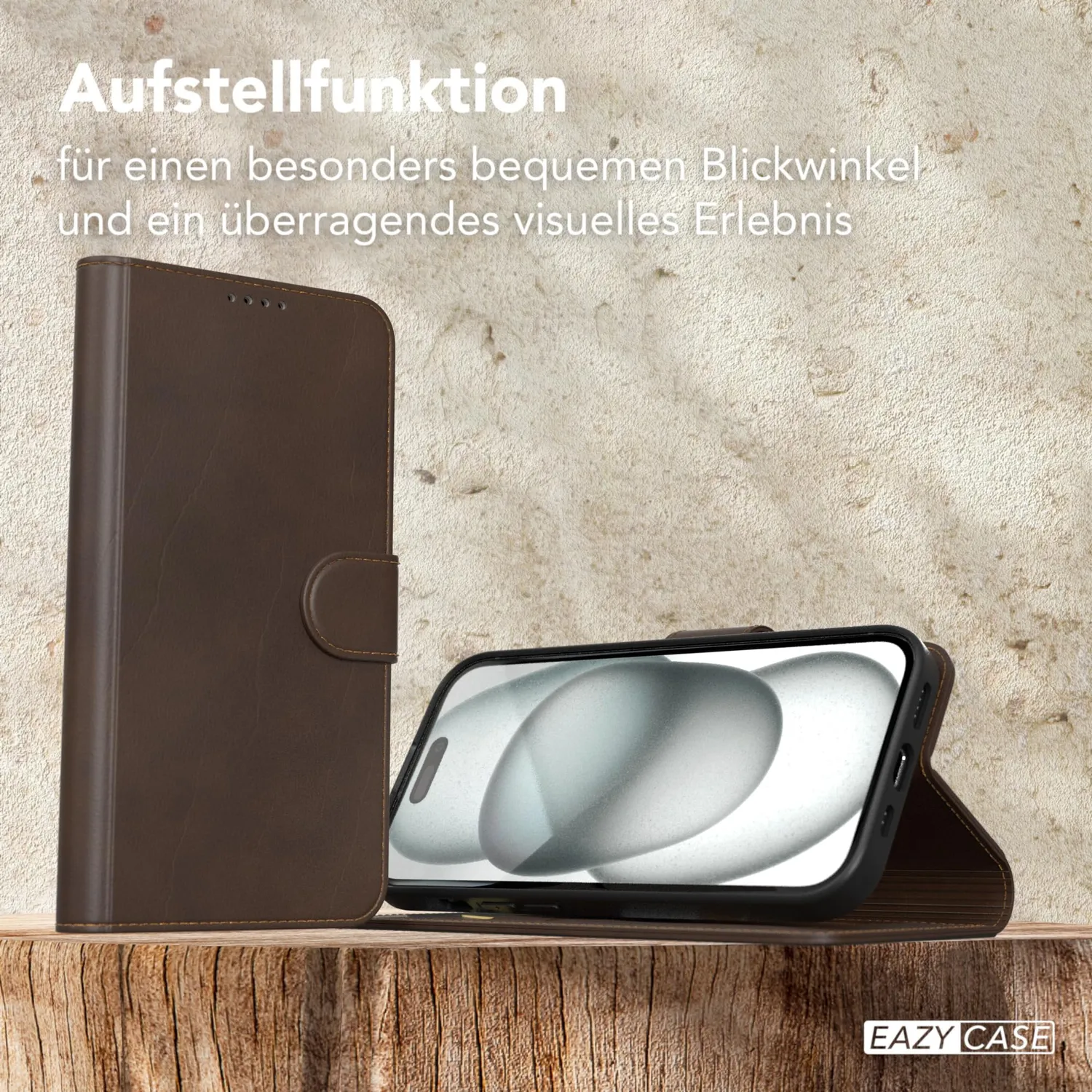 EAZY CASE iPhone 15 Klapphülle braun Kunstleder