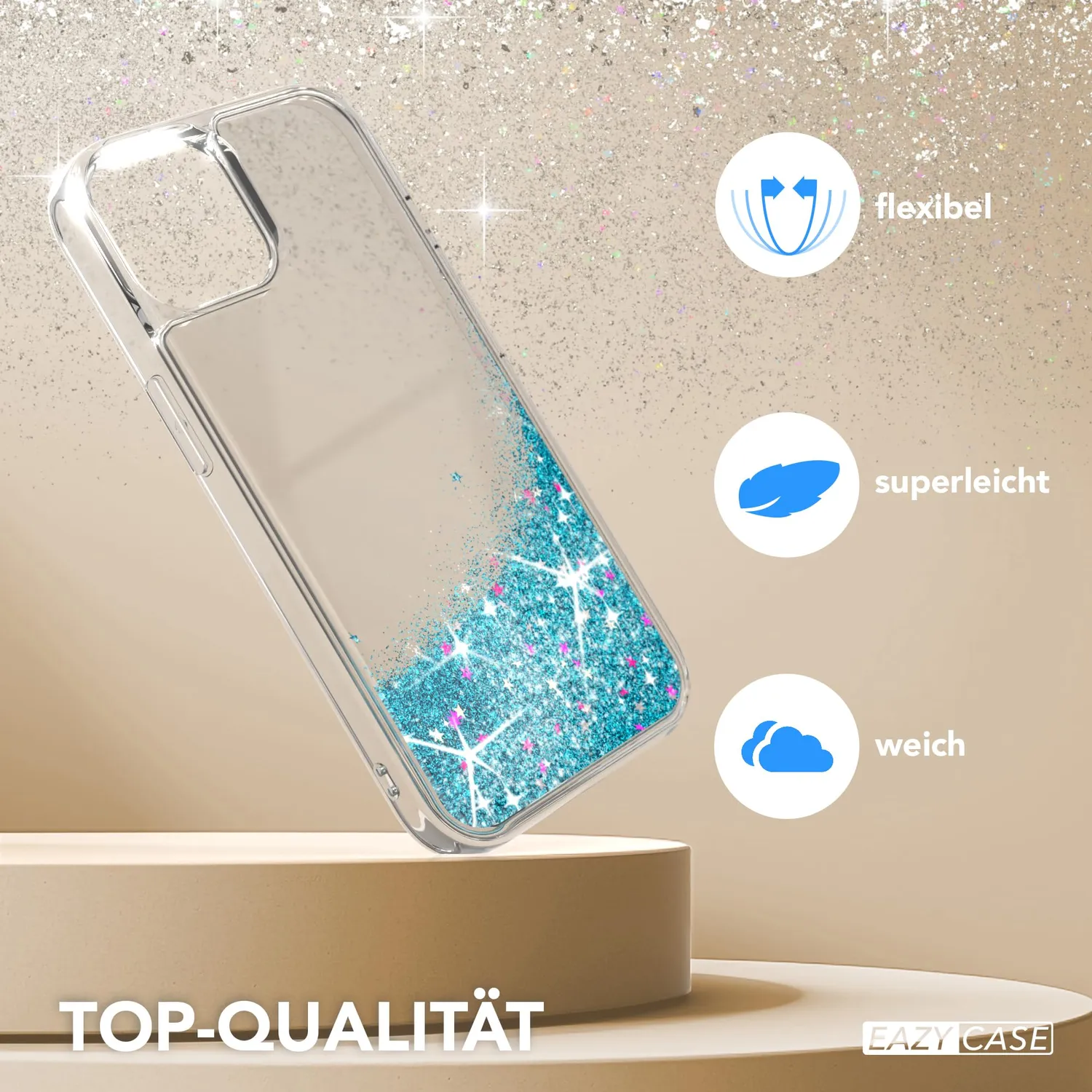 EAZY CASE iPhone 15 Glitzerhülle Liquid Transparent Blau