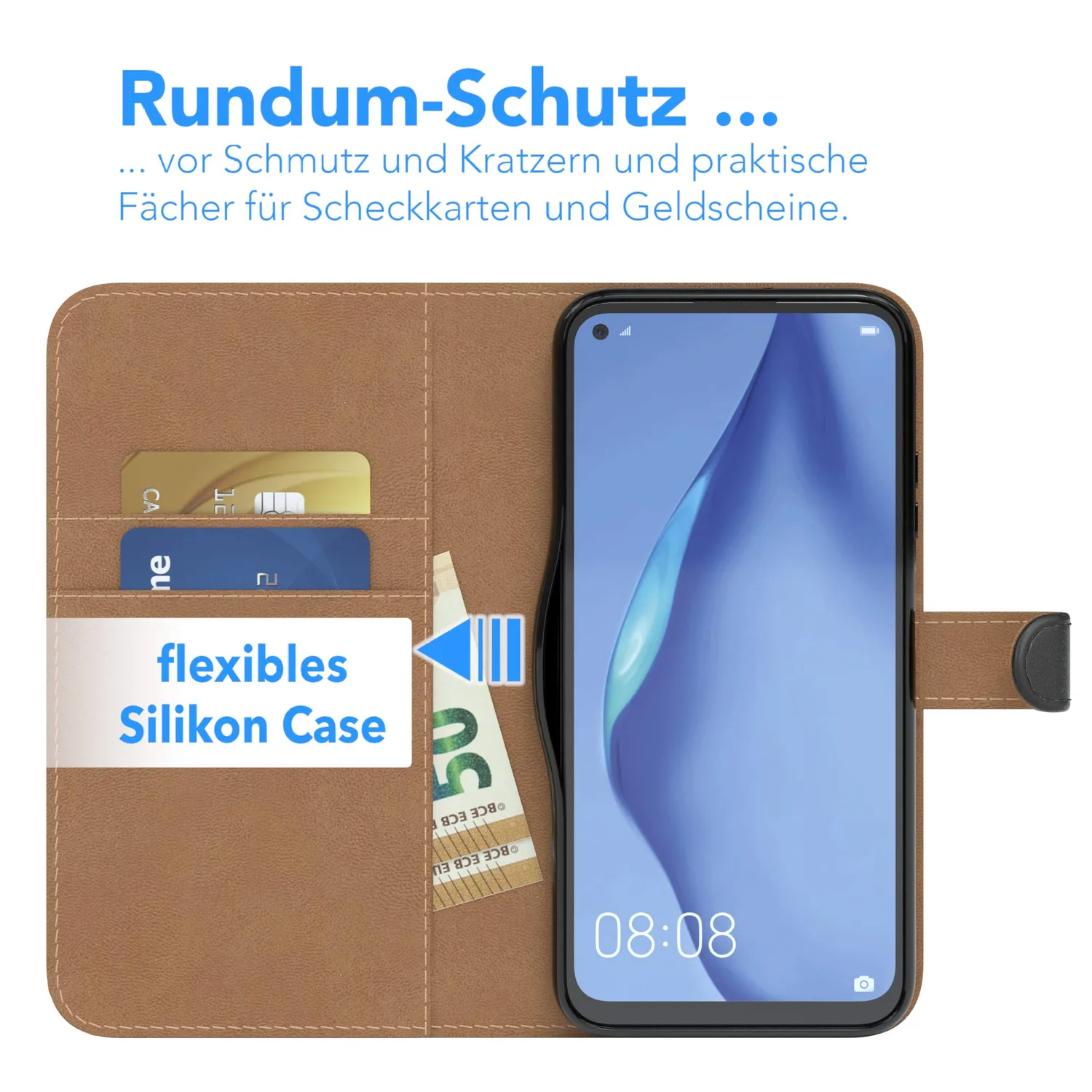 EAZY CASE Huawei P40 Lite Klapphülle Book Schwarz Leder