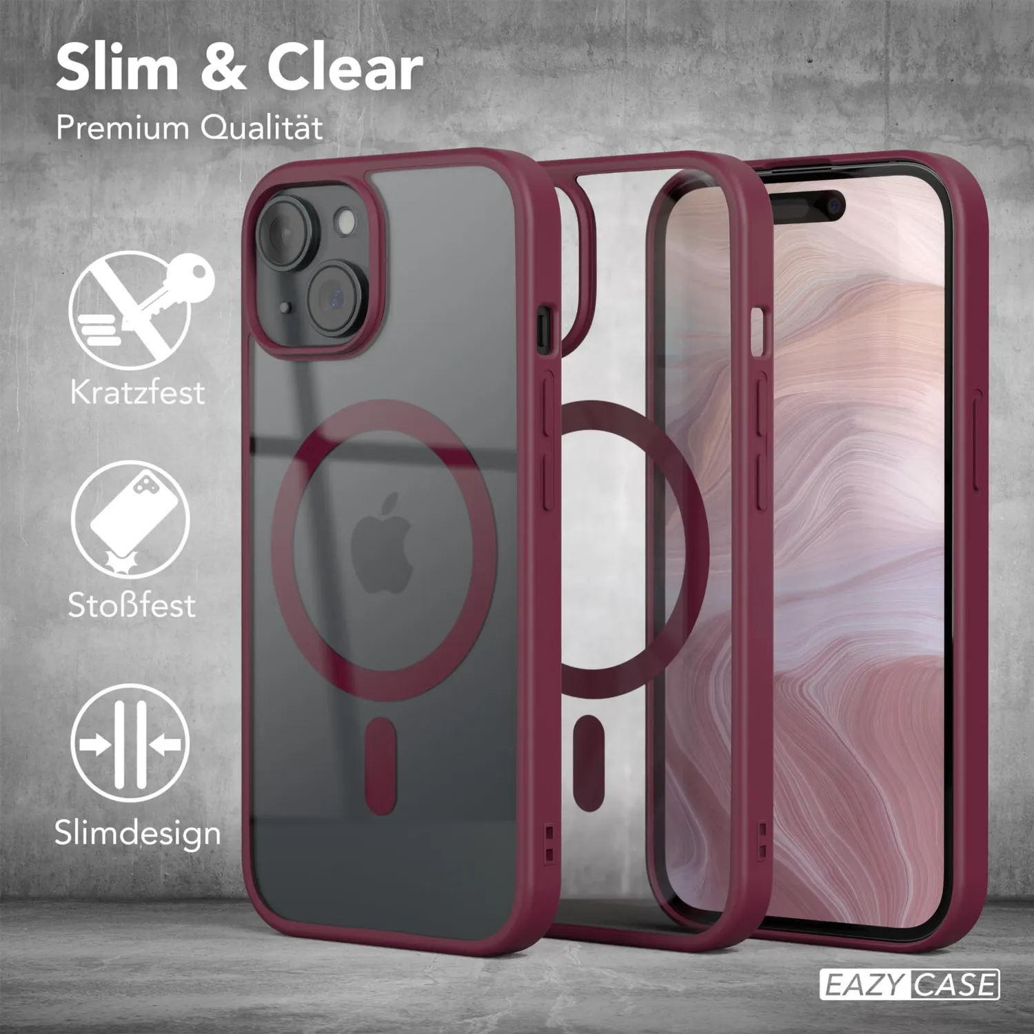 EAZY CASE Crystal iPhone 15 Handyhülle Transparent Beere MagSafe