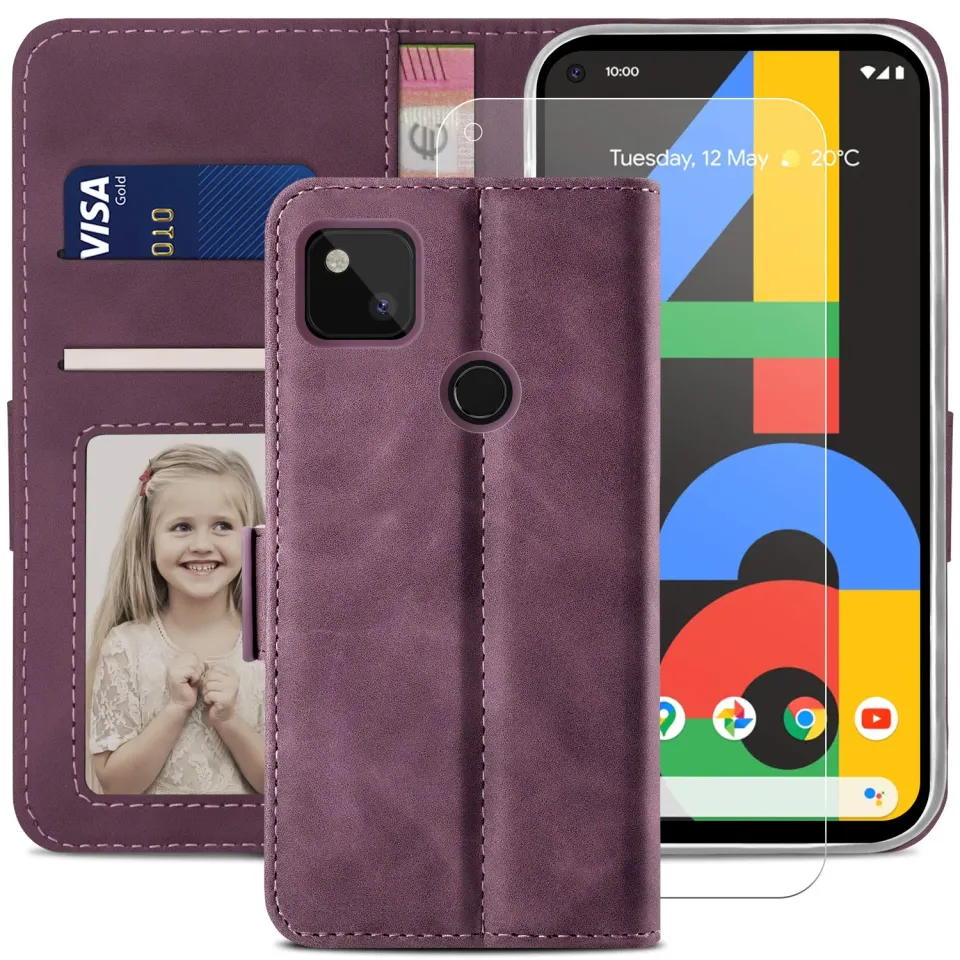 YATWIN Google Pixel 4a 4G Klapphülle Weinrot mit Folie