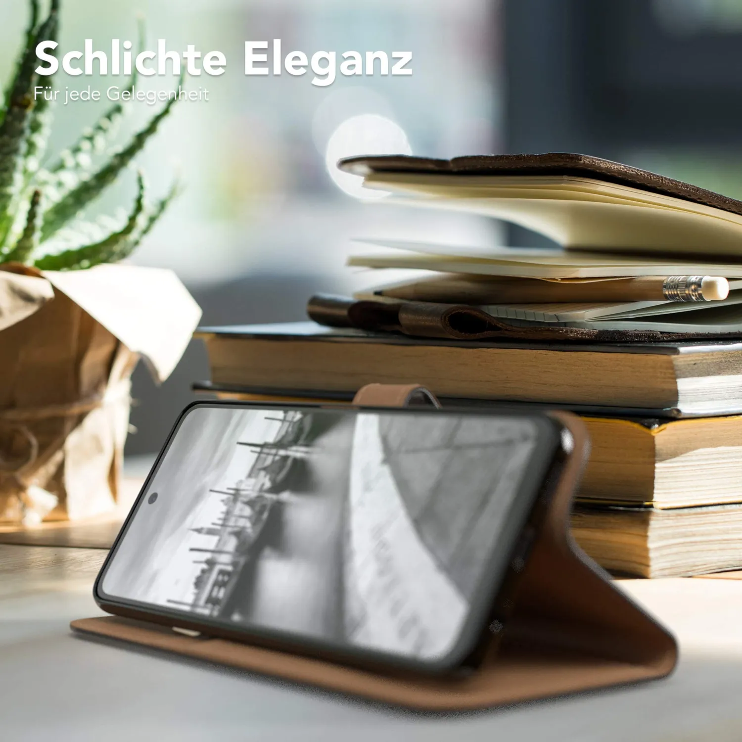 EAZY CASE Huawei P Smart 2021 Klapphülle Book Schwarz Leder