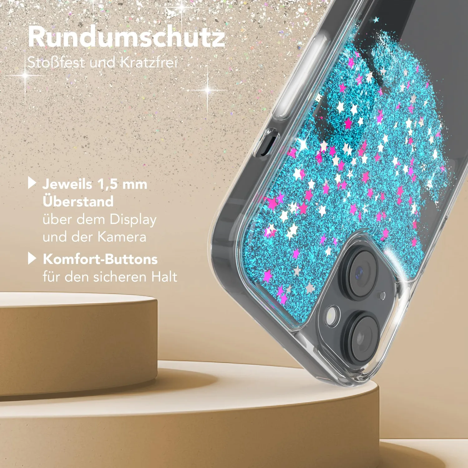 EAZY CASE iPhone 15 Glitzerhülle Liquid Transparent Blau