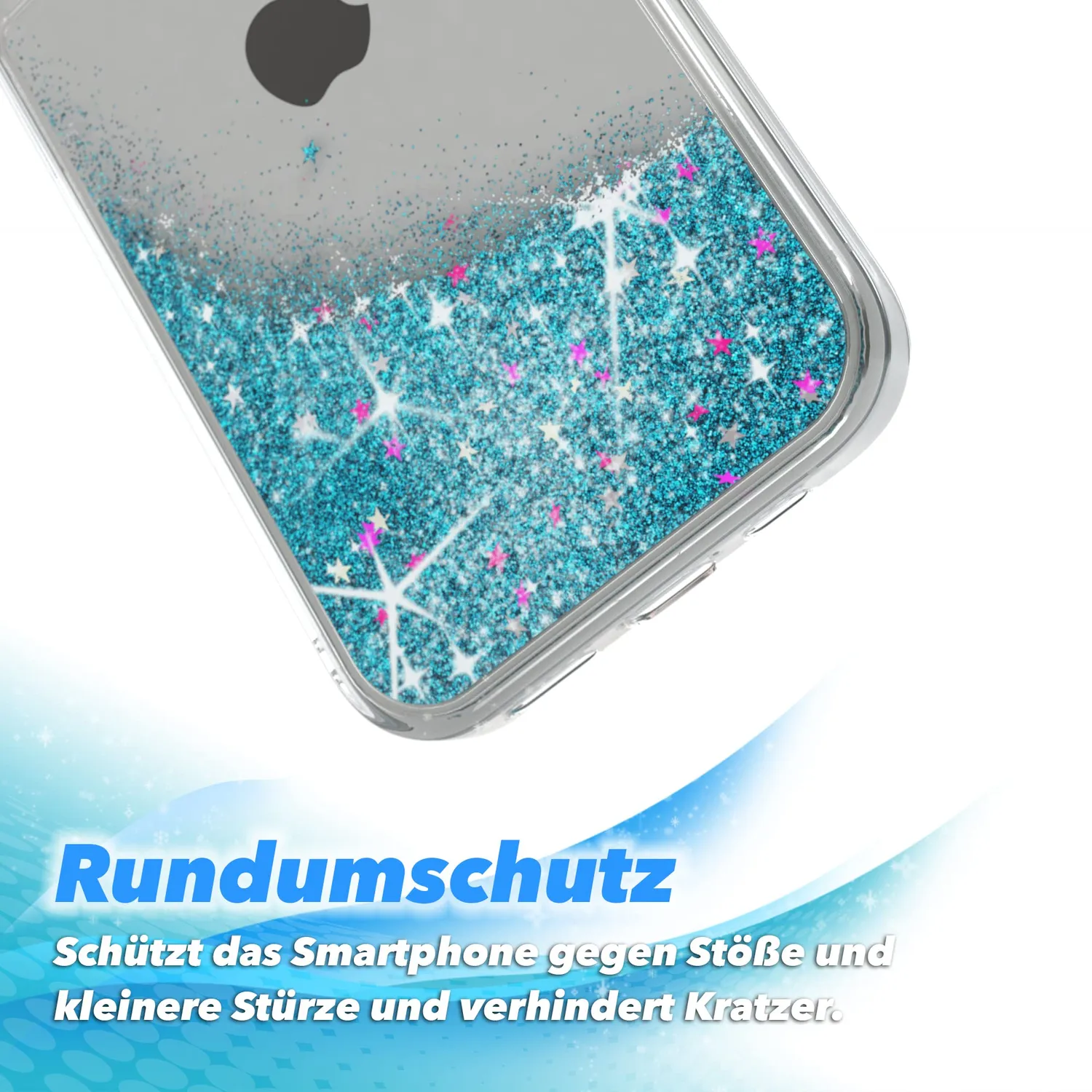 EAZY CASE Liquid Glitzer iPhone 13 Pro Handyhülle Blau Transparent
