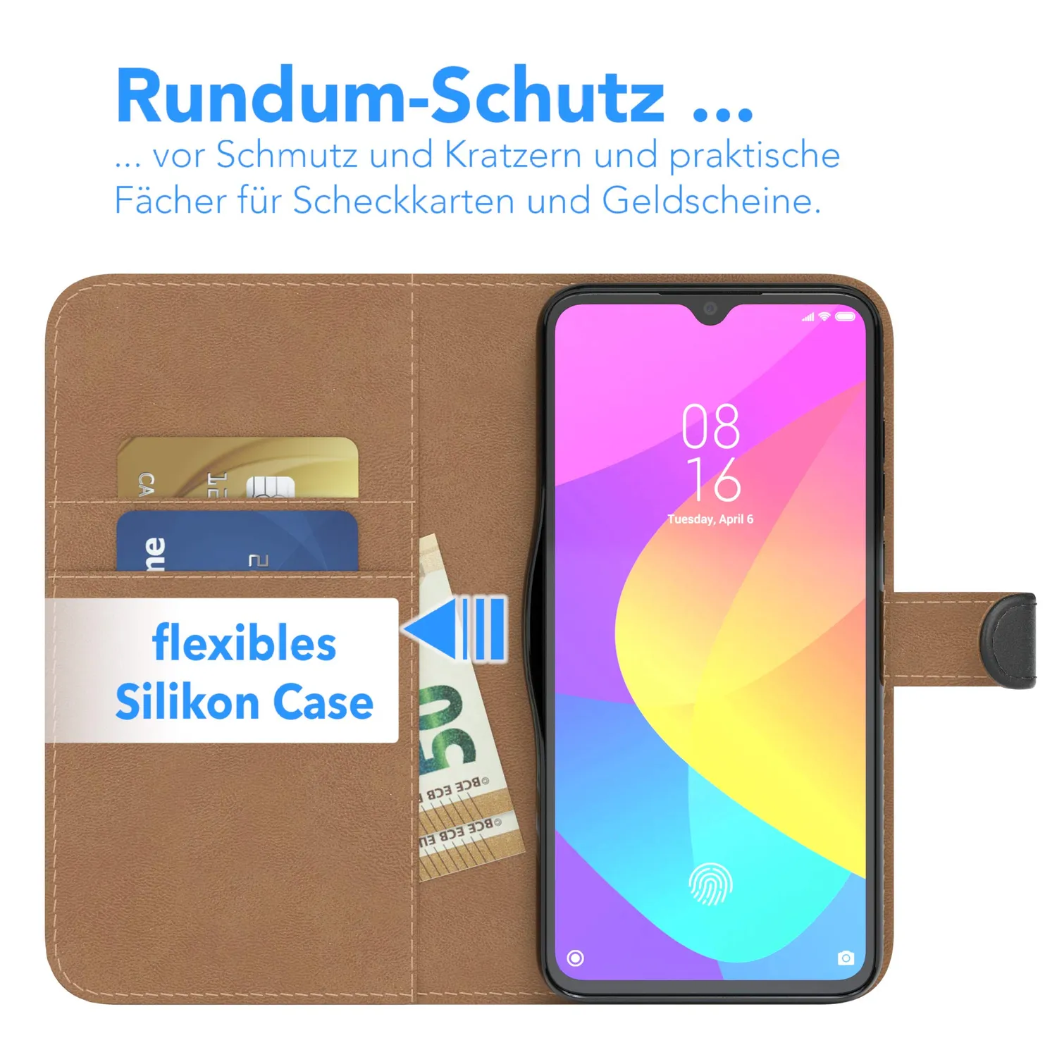 EAZY CASE Xiaomi Mi 9 Lite Klapphülle Book Schwarz Leder