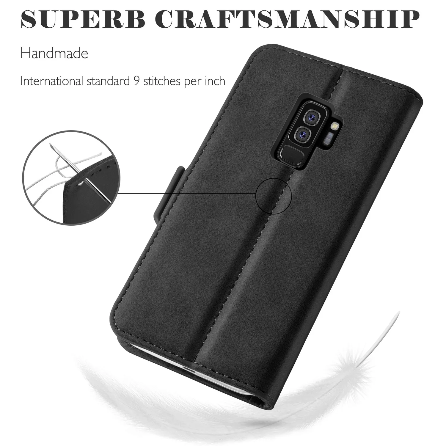 YATWIN Galaxy S9 Plus Handyhülle Schwarz Leder mit Kartenfach
