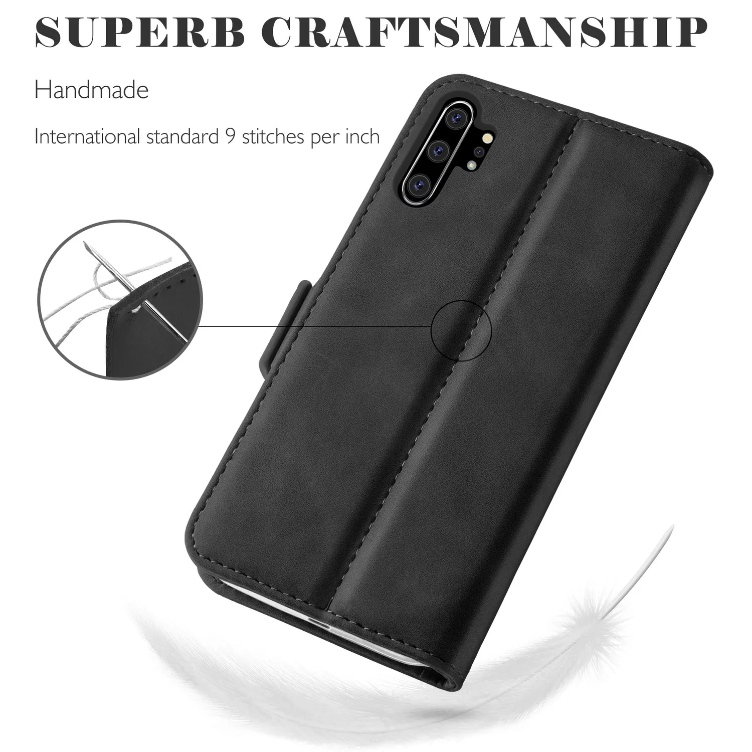 YATWIN Samsung Galaxy Note 10 Plus Klapphülle Schwarz Leder mit Kartenfach
