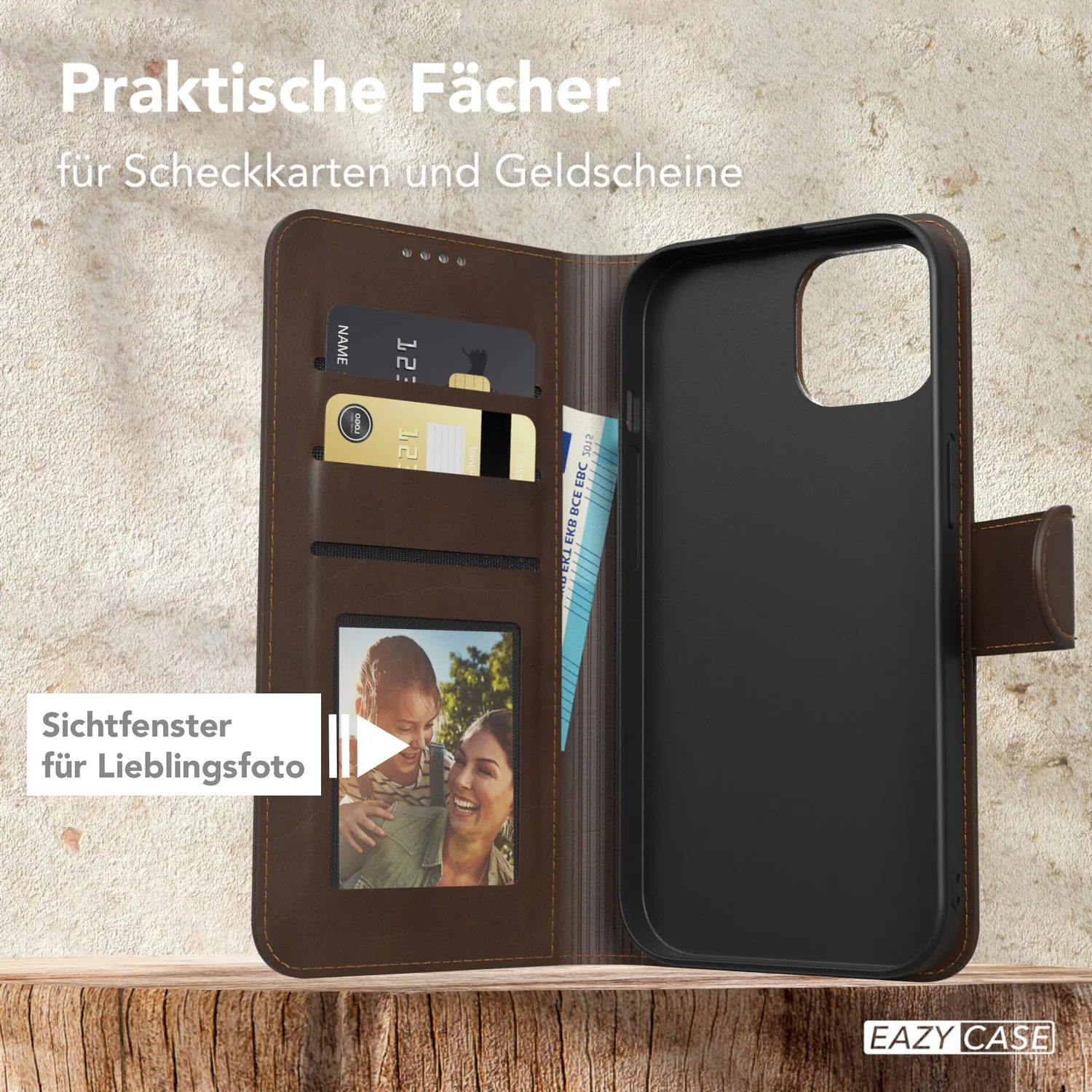 EAZY CASE iPhone 15 Klapphülle braun Kunstleder