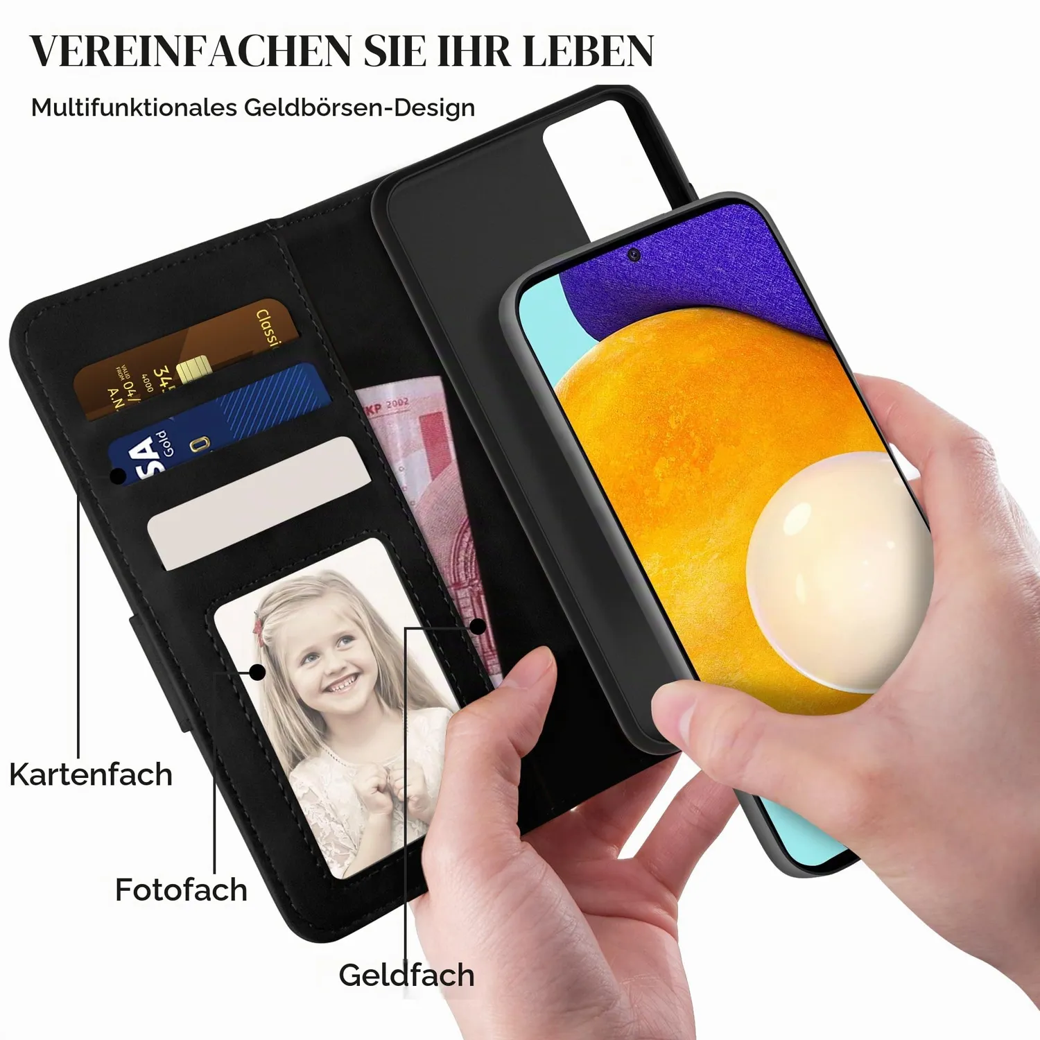 YATWIN Galaxy A52s 5G Klapphülle Schwarz mit Panzerglas