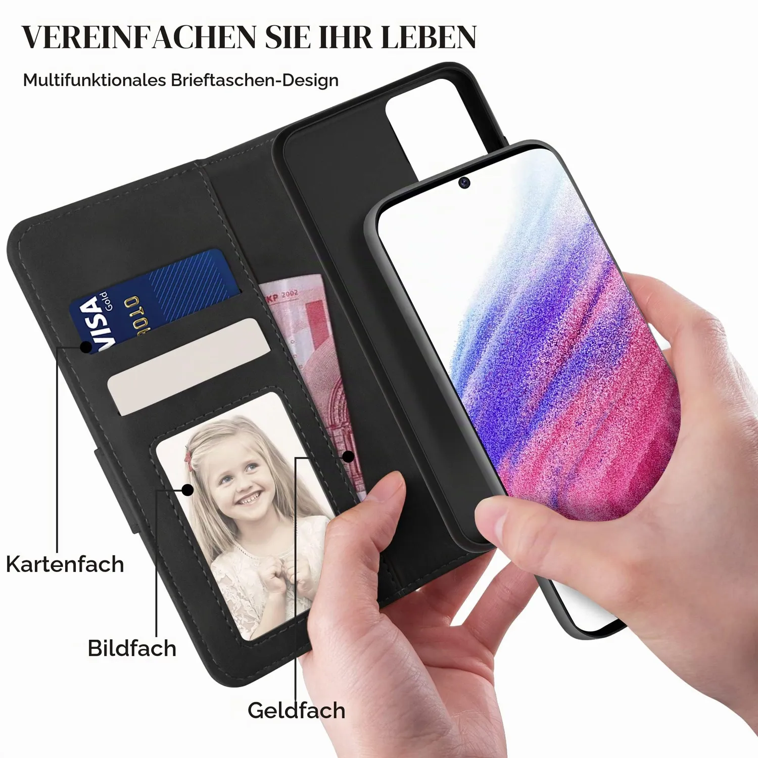 YATWIN Galaxy A53 5G Klapphülle Leder Schwarz RFID