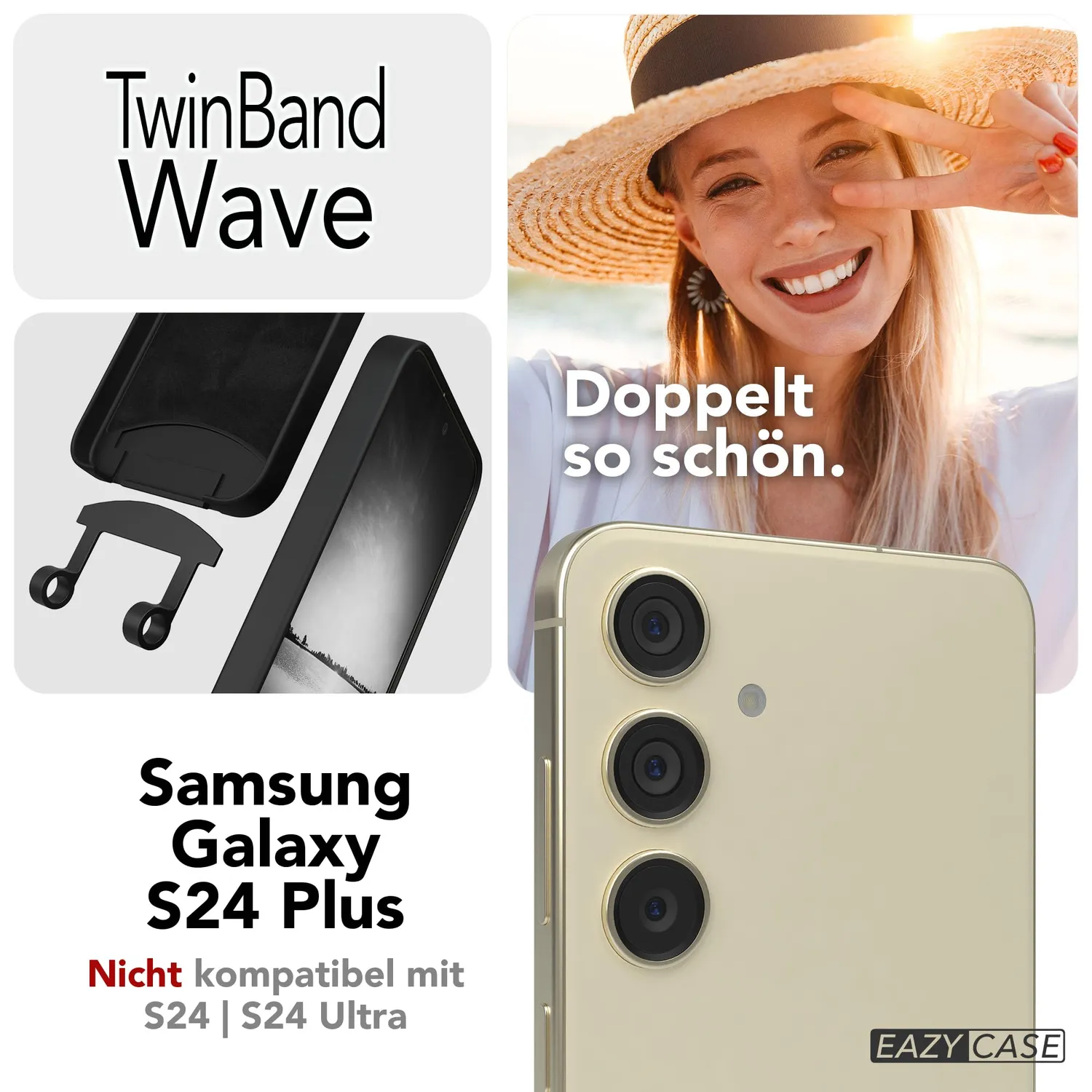 EAZY CASE Galaxy S24 Plus Hülle mit Kette Leo-Schwarz 2in1