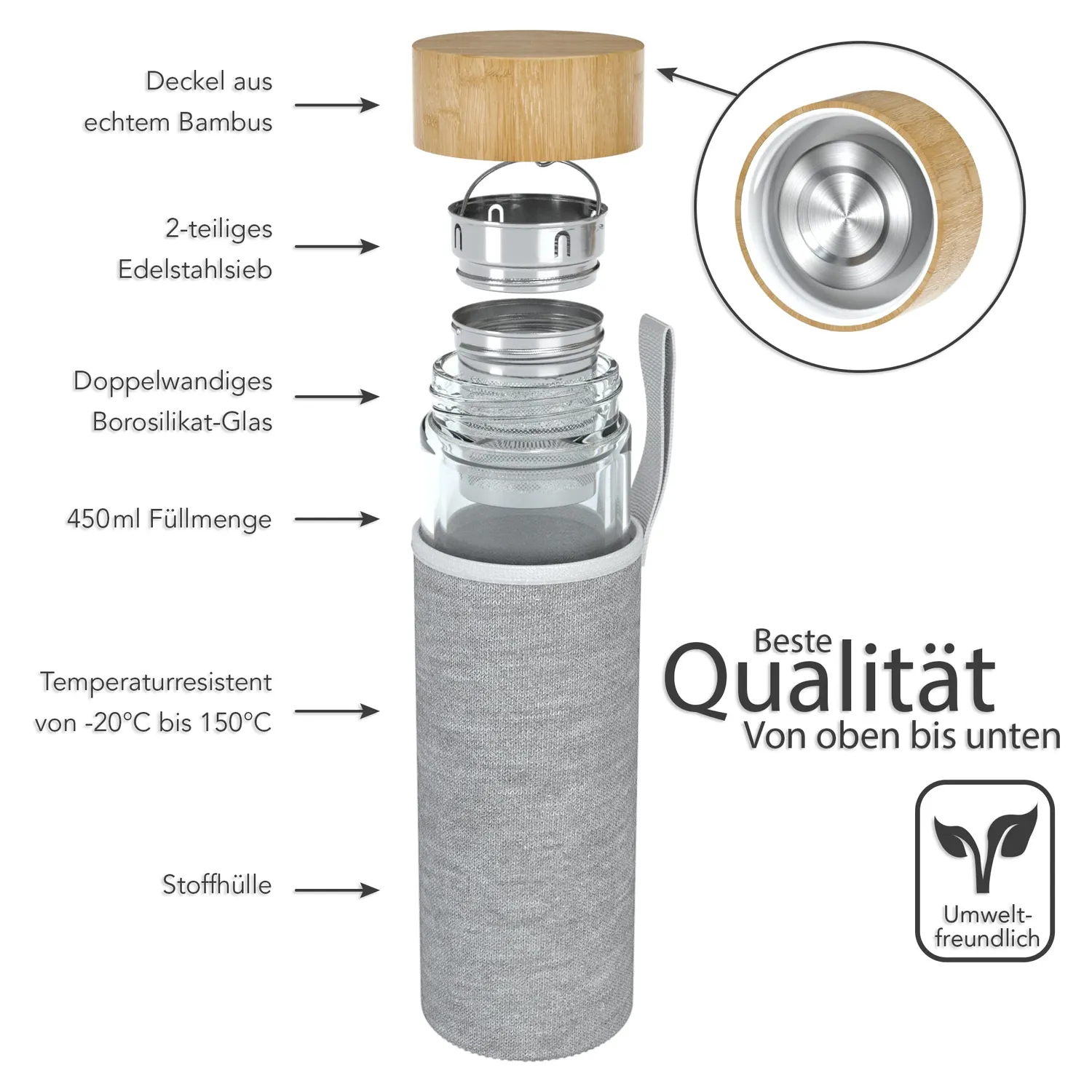 EAZY CASE Teeflasche Glas 500ml Bambusdeckel