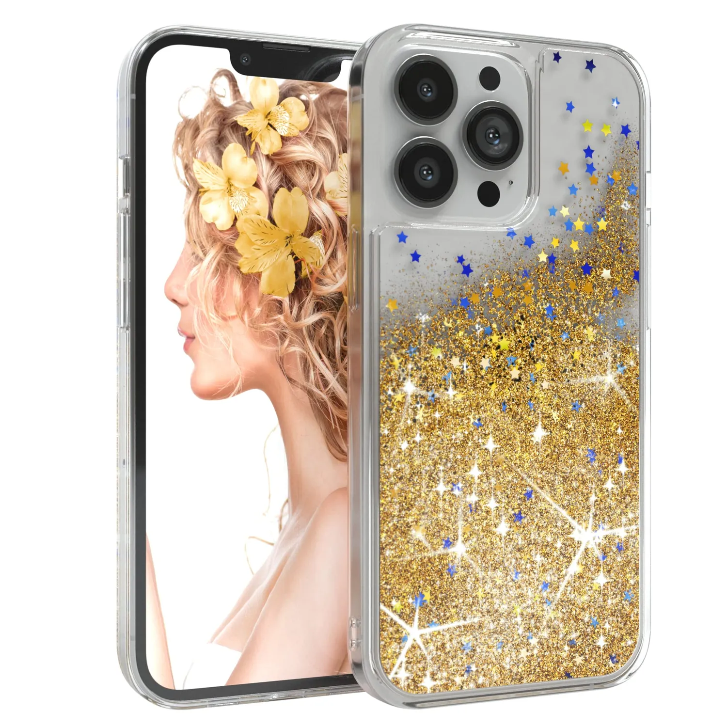 EAZY CASE Liquid Glitzer iPhone 13 Pro Handyhülle Blau Transparent