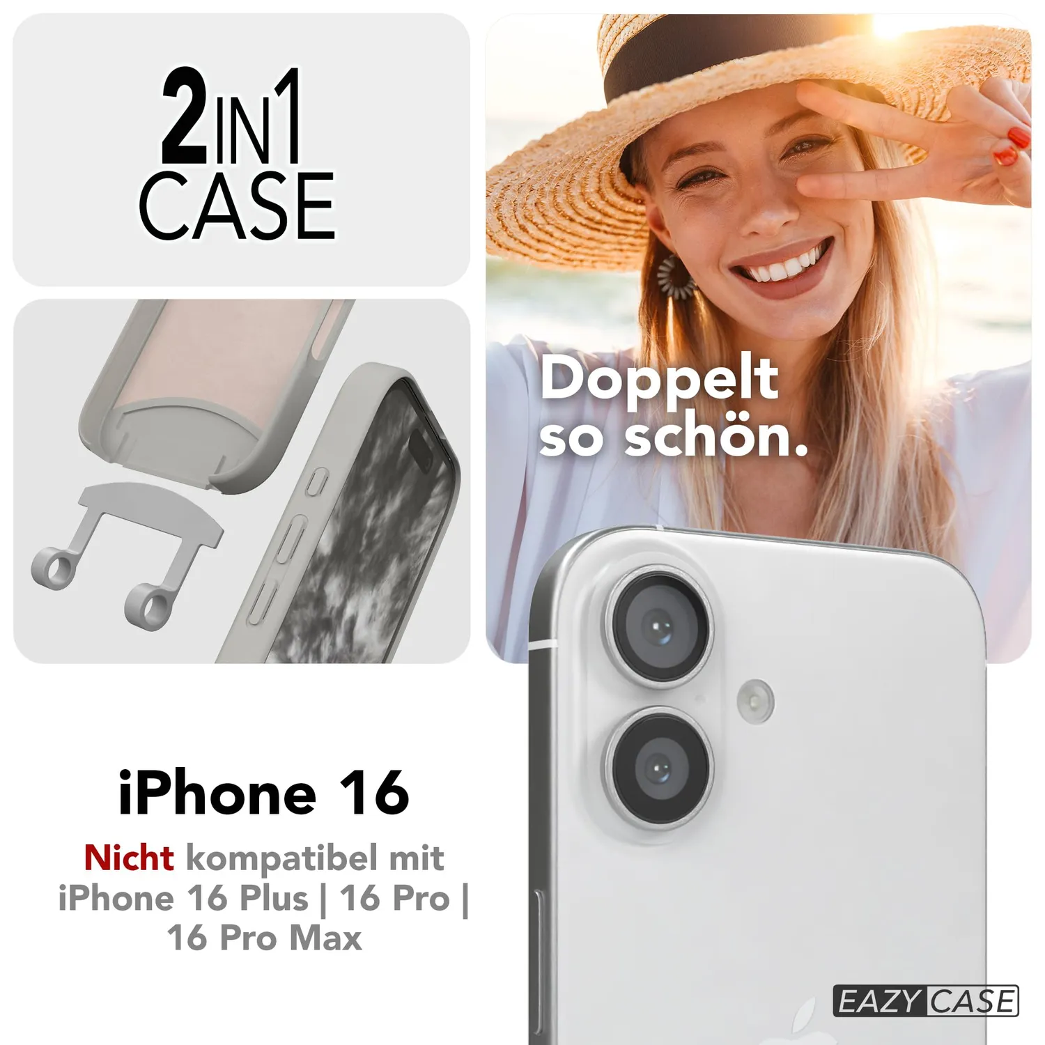 EAZY CASE iPhone 16 Hülle mit Band Karabiner Grau