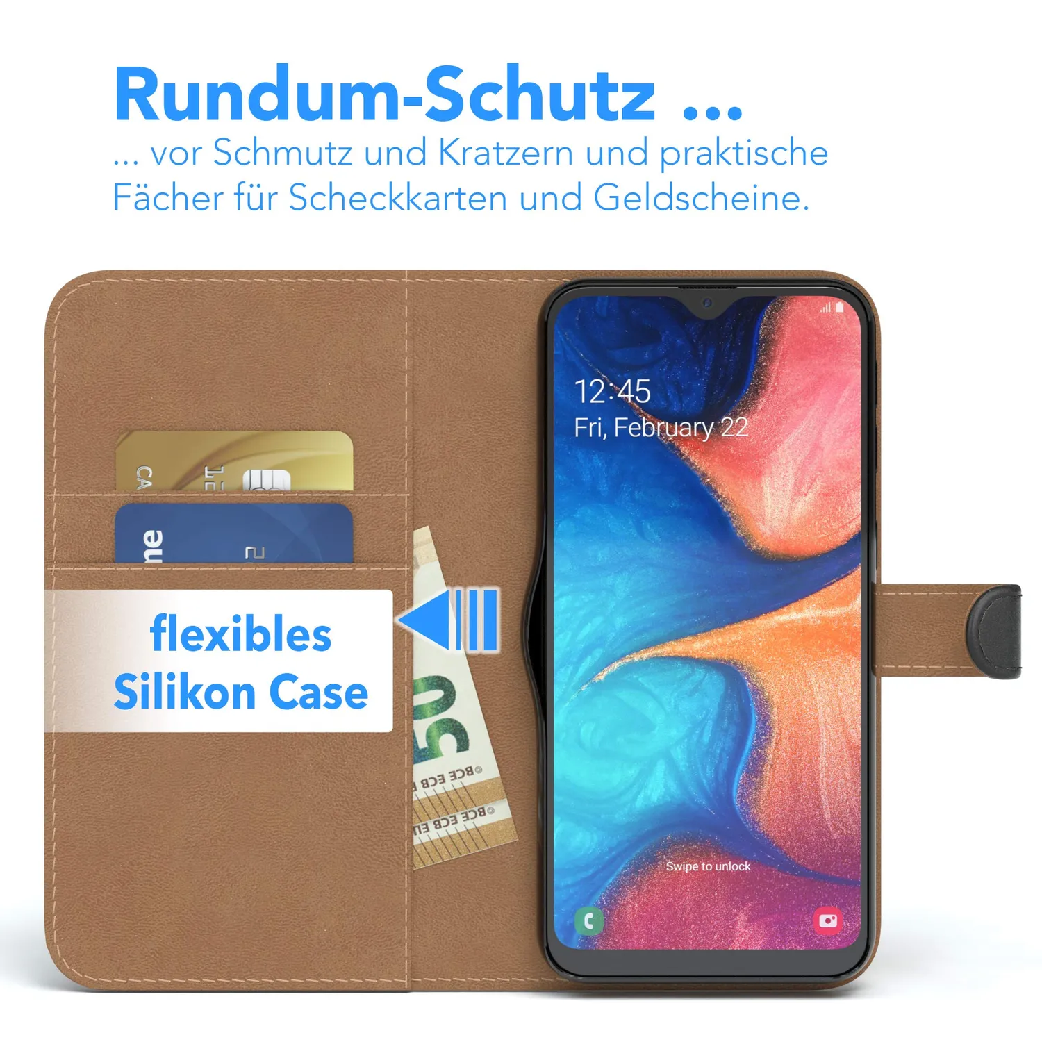 EAZY CASE Galaxy A20e Klapphülle Schwarz mit Kartenfach