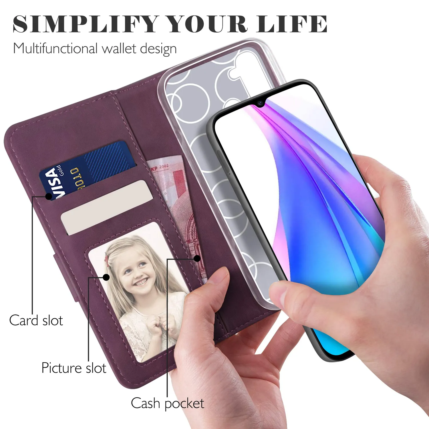 YATWIN Redmi Note 8T Klapphülle Leder Weinrot Kartenfach