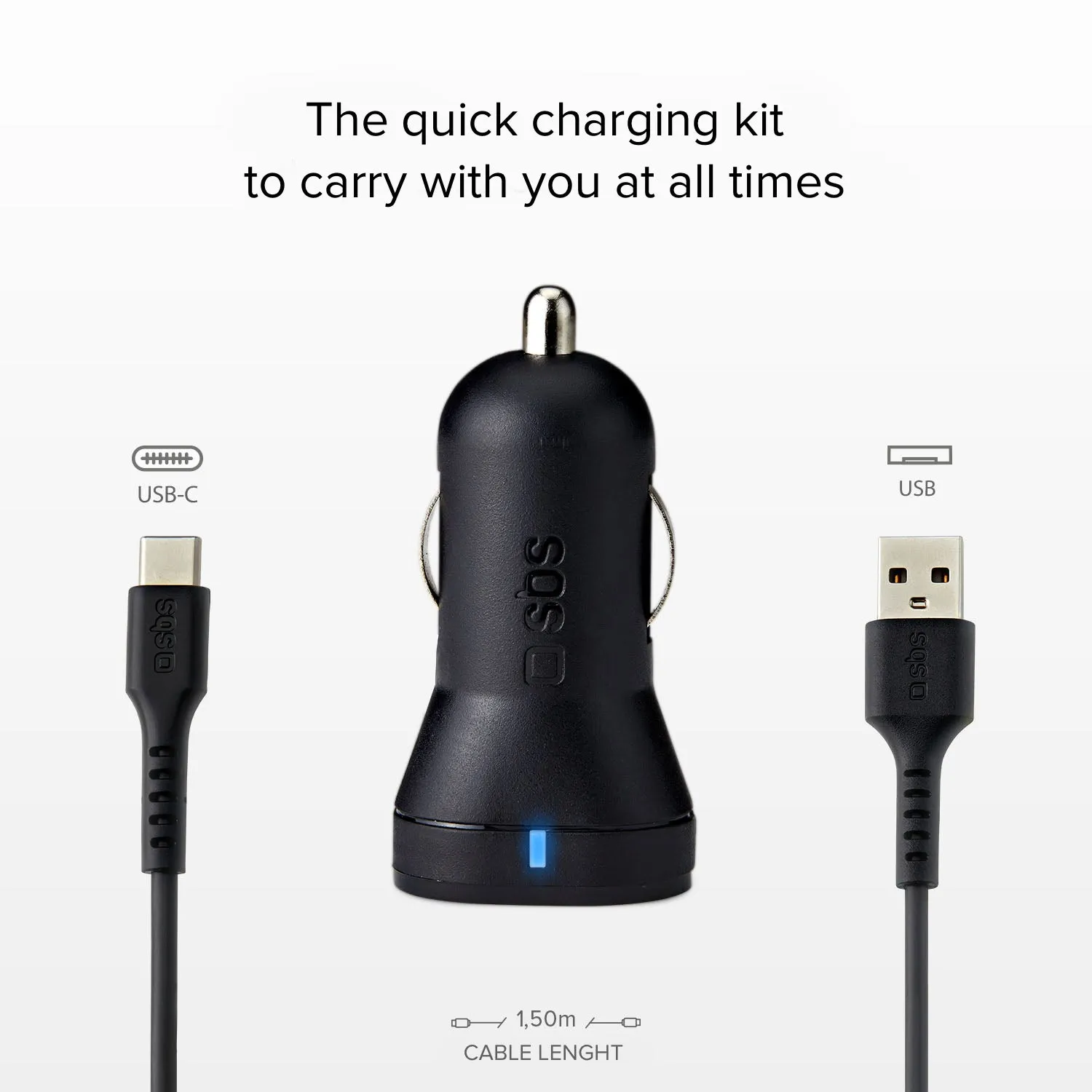 SBS 10W Auto Ladegerät 2xUSB mit USB-C Kabel Schnell