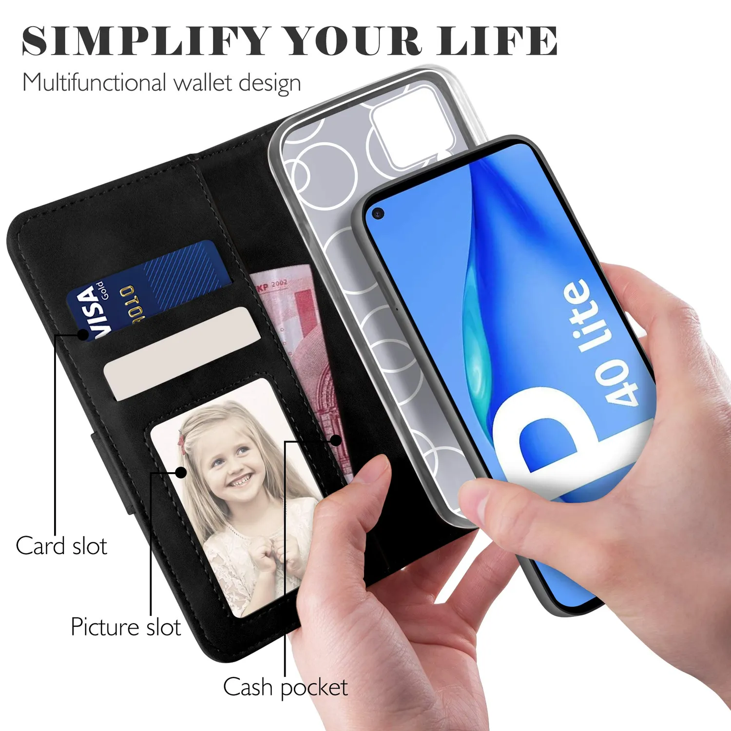 YATWIN Huawei P40 Lite 4G Klapphülle Schwarz Leder