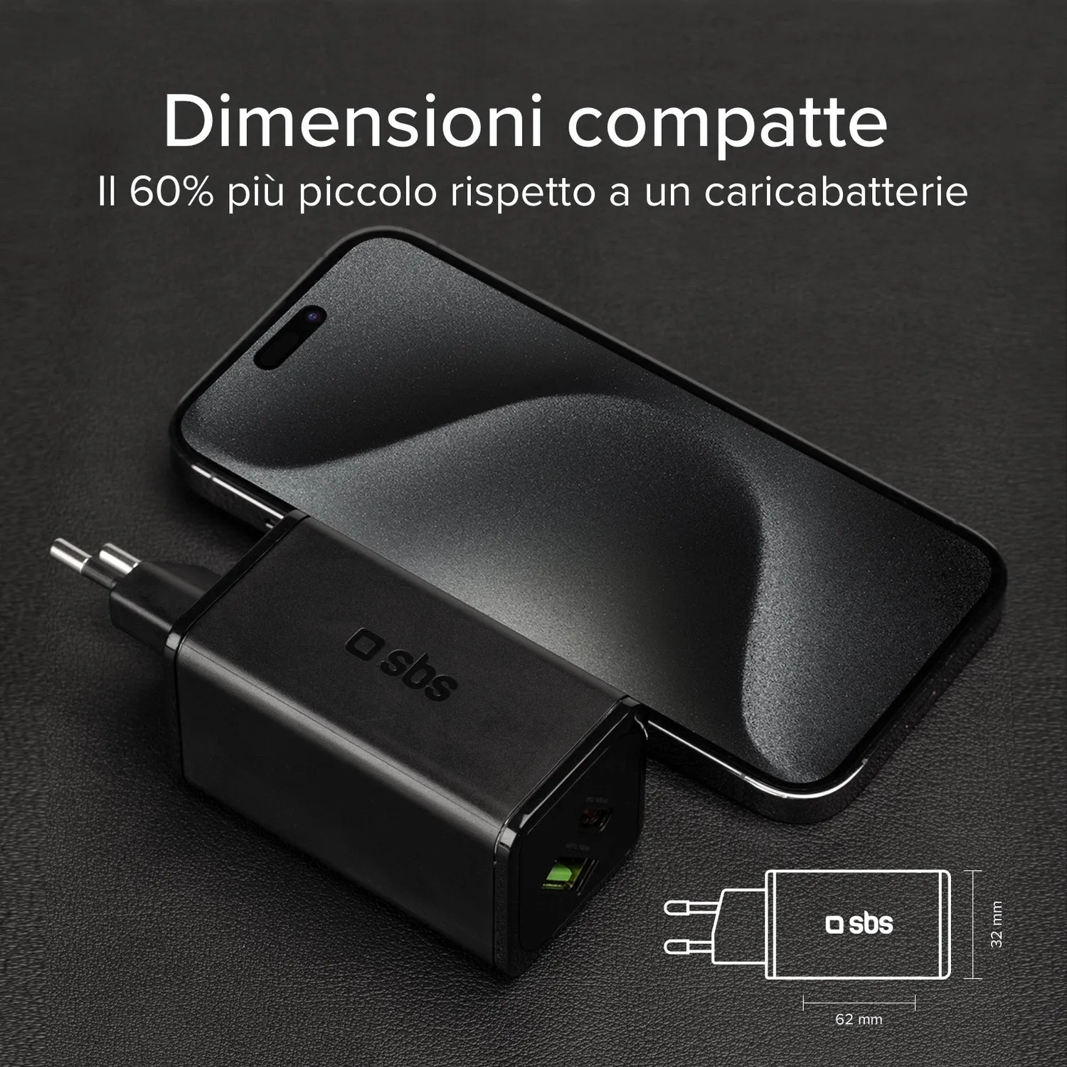 SBS GaN Ladegerät 65W USB-C PD + USB-A für Laptop kompakt
