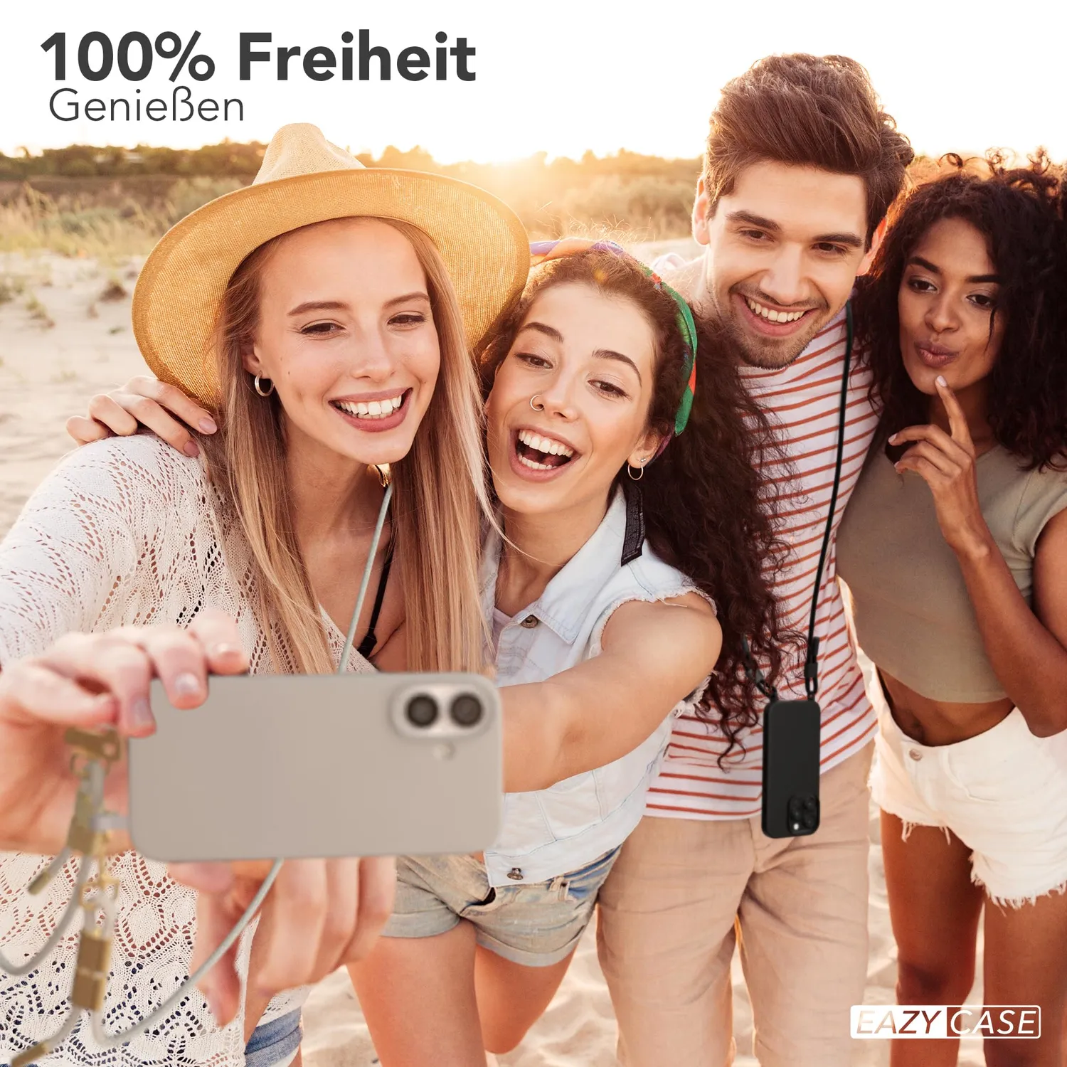 EAZY CASE iPhone 16 Hülle mit Band Karabiner Grau
