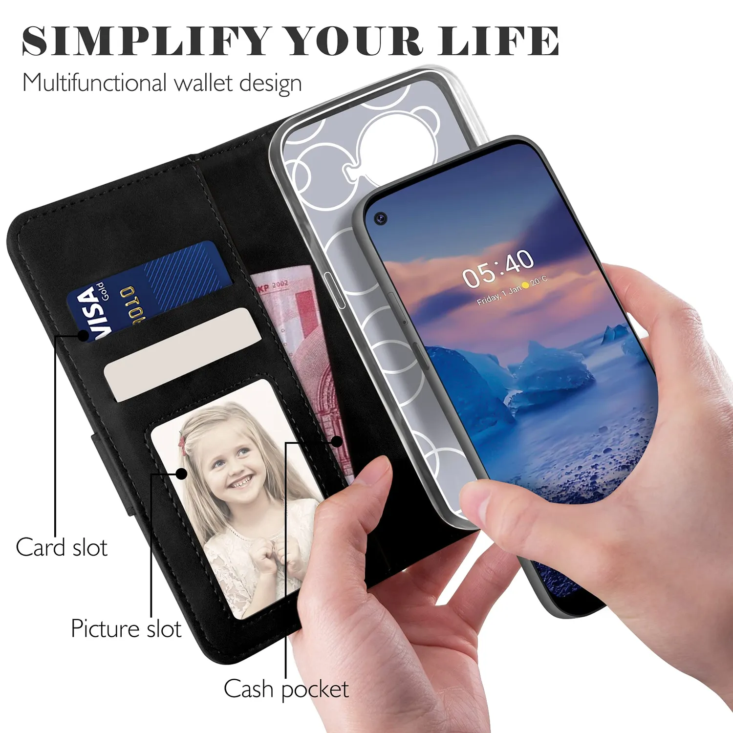 YATWIN Nokia 5.4 Klapphülle Schwarz Leder mit Kartenfach